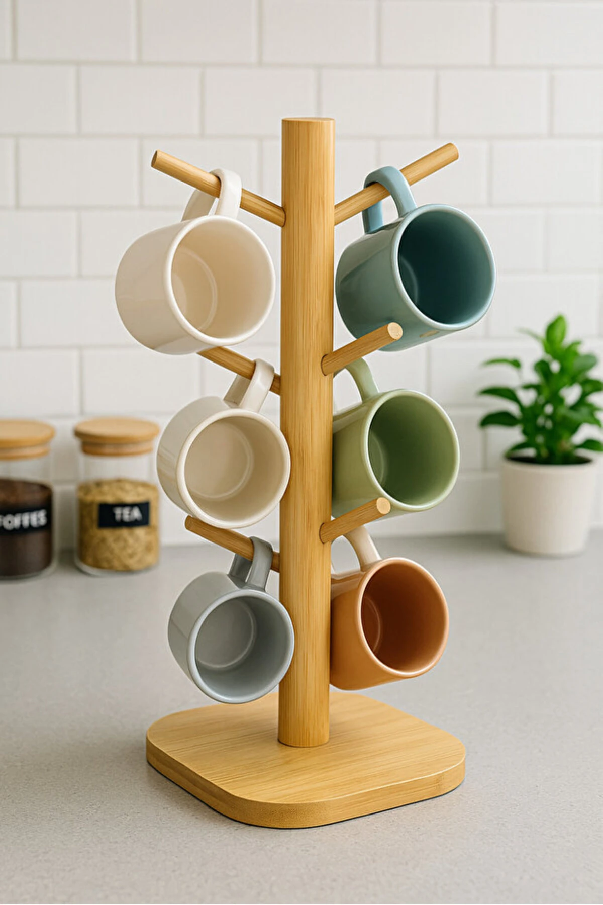 Tezgah Üstü Bambu Fincan Askısı Kupa Askılığı Bardak Askılığı Standı