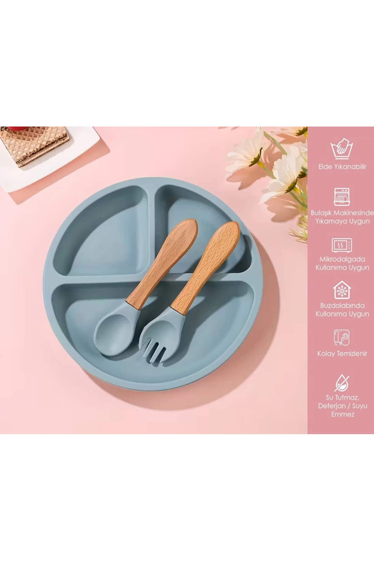 Silikon Bebek Mama Tabağı Seti Bebek Besleme Seti 3 Parça Bambu Saplı Kaşık Çatal Bpa İçermez Mavi