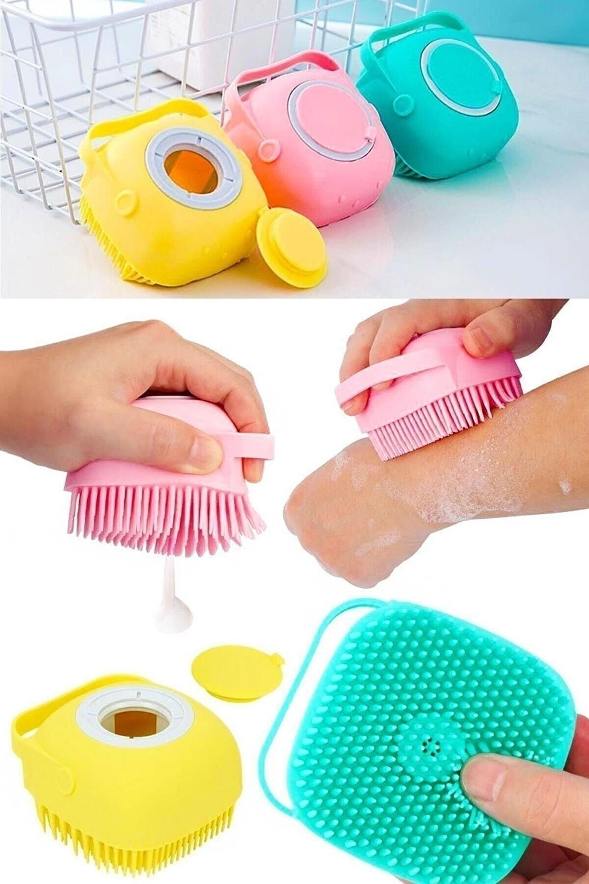 Duş Jeli Hazneli Silikon Fırça Kese Çok Amaçlı Vücut Temizleme Kesesi Banyo Lifi