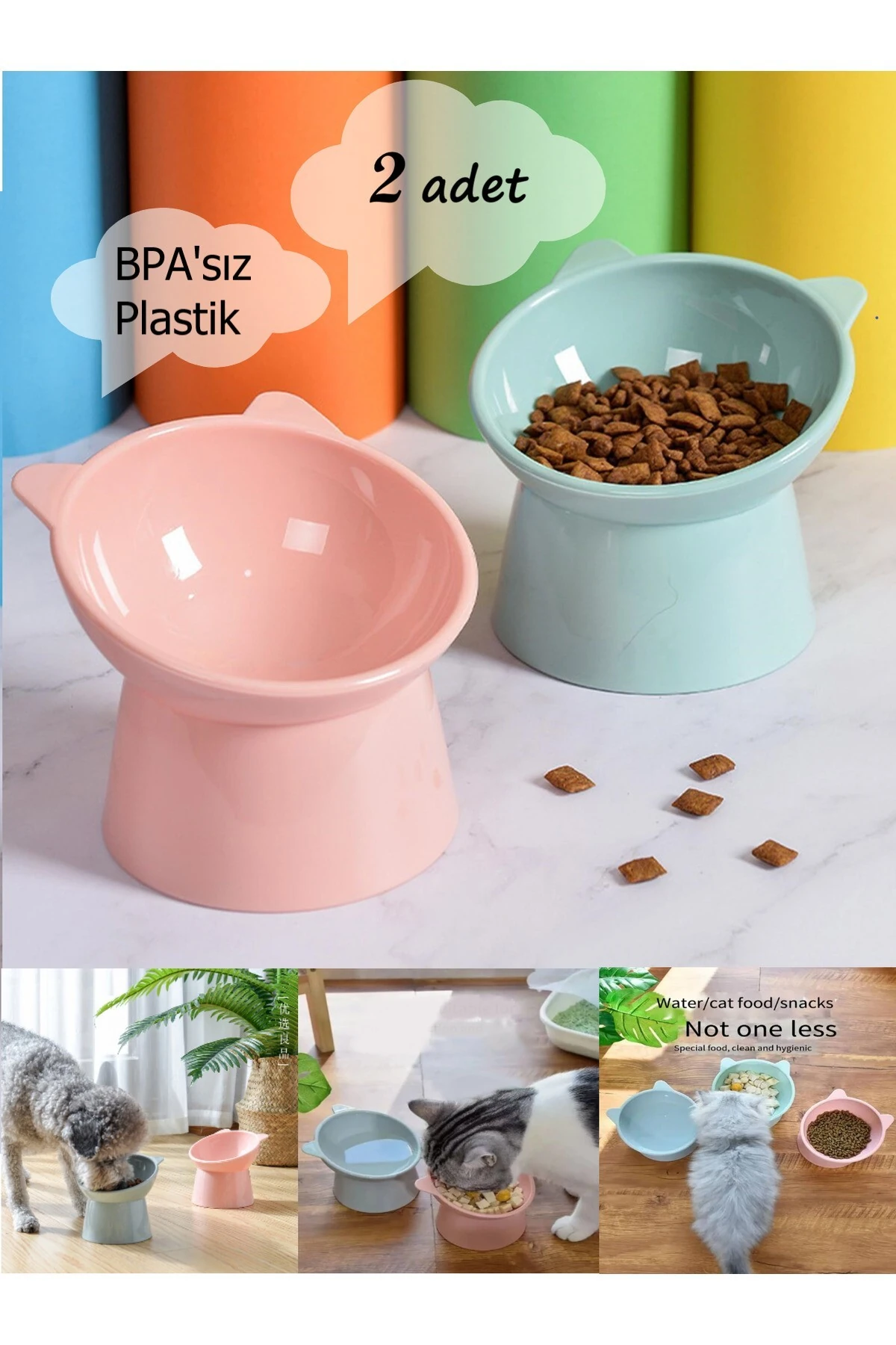 Plastik 2 Adet Eğimli Mama Ve Su Kabı Boyun Koruyucu Mama Ve Su Kabı Evcil Hayvan Mama Kasesi