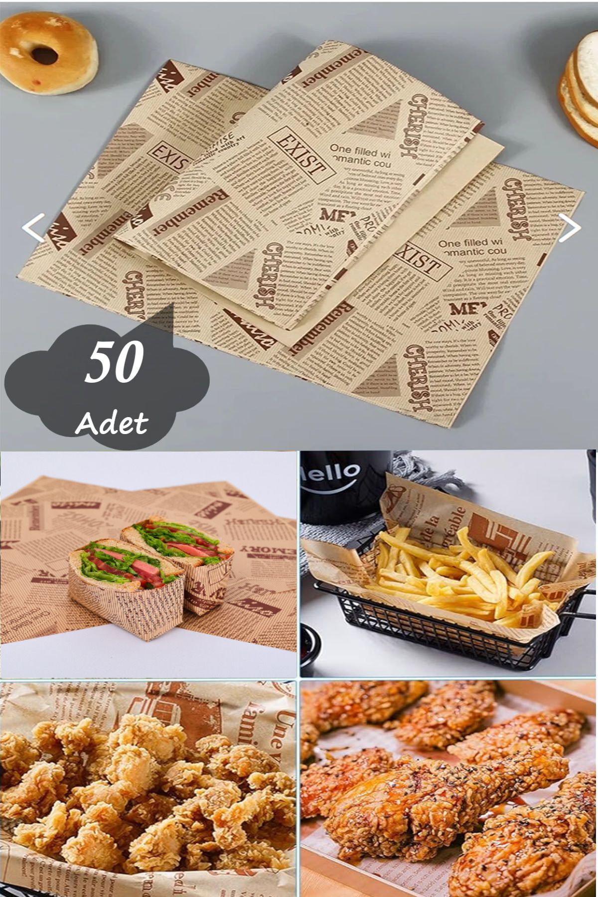 Kendinden Desenli Yağlı Kağıt 50 Adet Vintage Gazete Desen Sunum Kağıdı Servis Yağlı Kağıdı