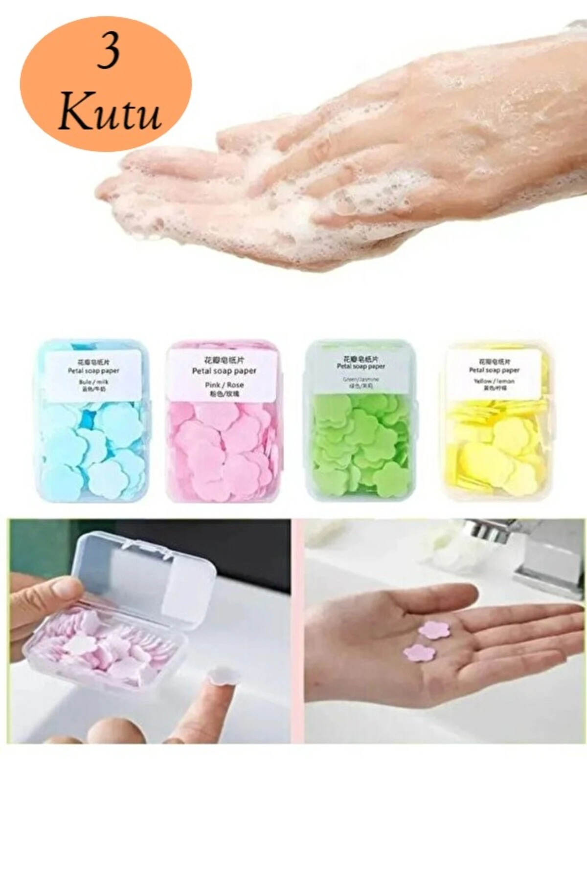 3 Adet 100'lü Yaprak El Sabunu Parfümlü Eriyen Mini Kağıt Sabun Öğrenci Okul Dezenfektan El Sabunu