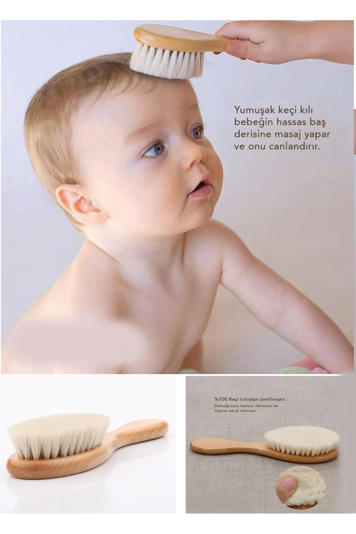 Doğal Keçi Kılı Ahşap Bebek Saç Fırçası Tarağı Yumuşak Fırça