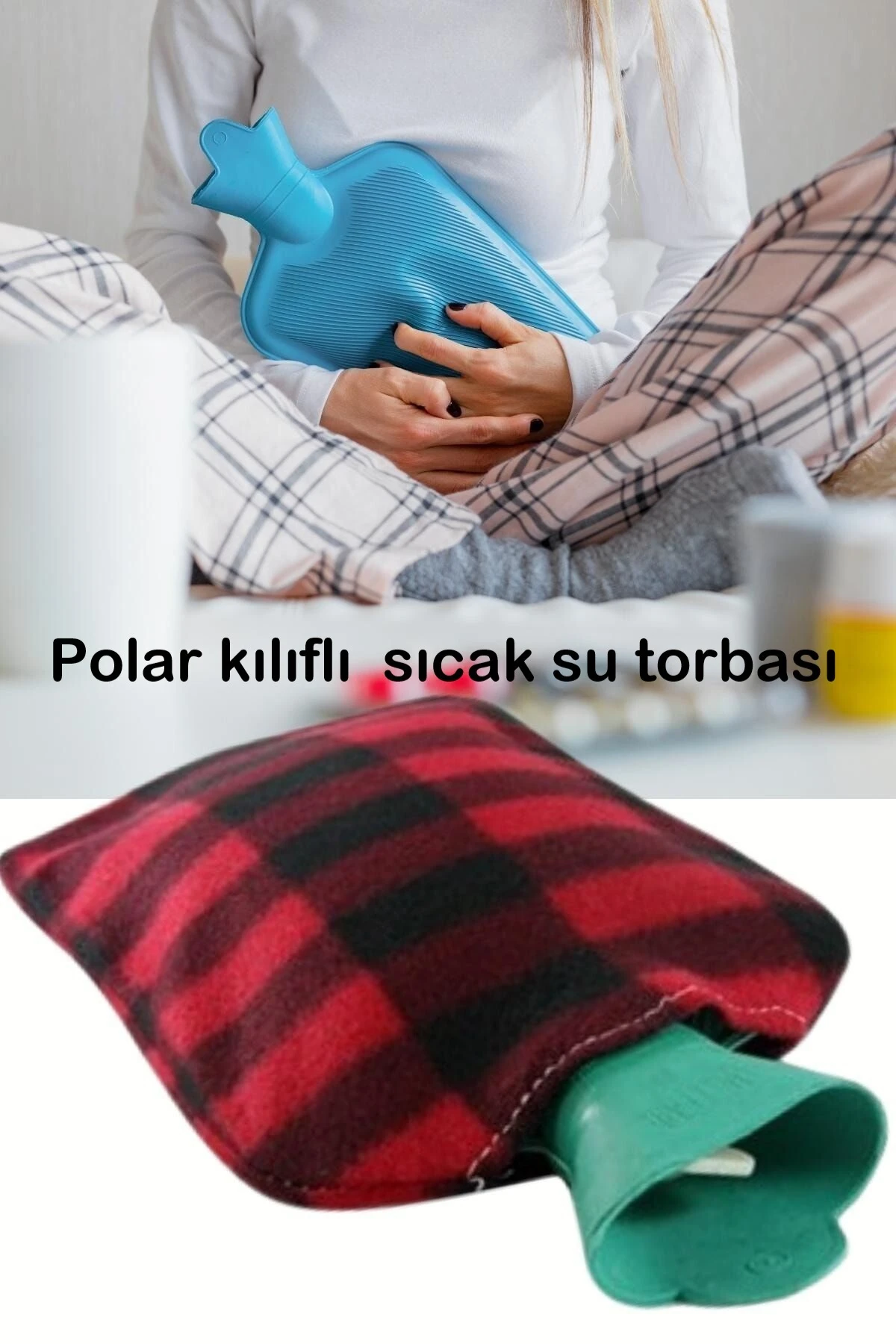 Polar Kılıflı Sıcak Su Torbası 2'lt Kare Desenli Yıkanabilir Polar