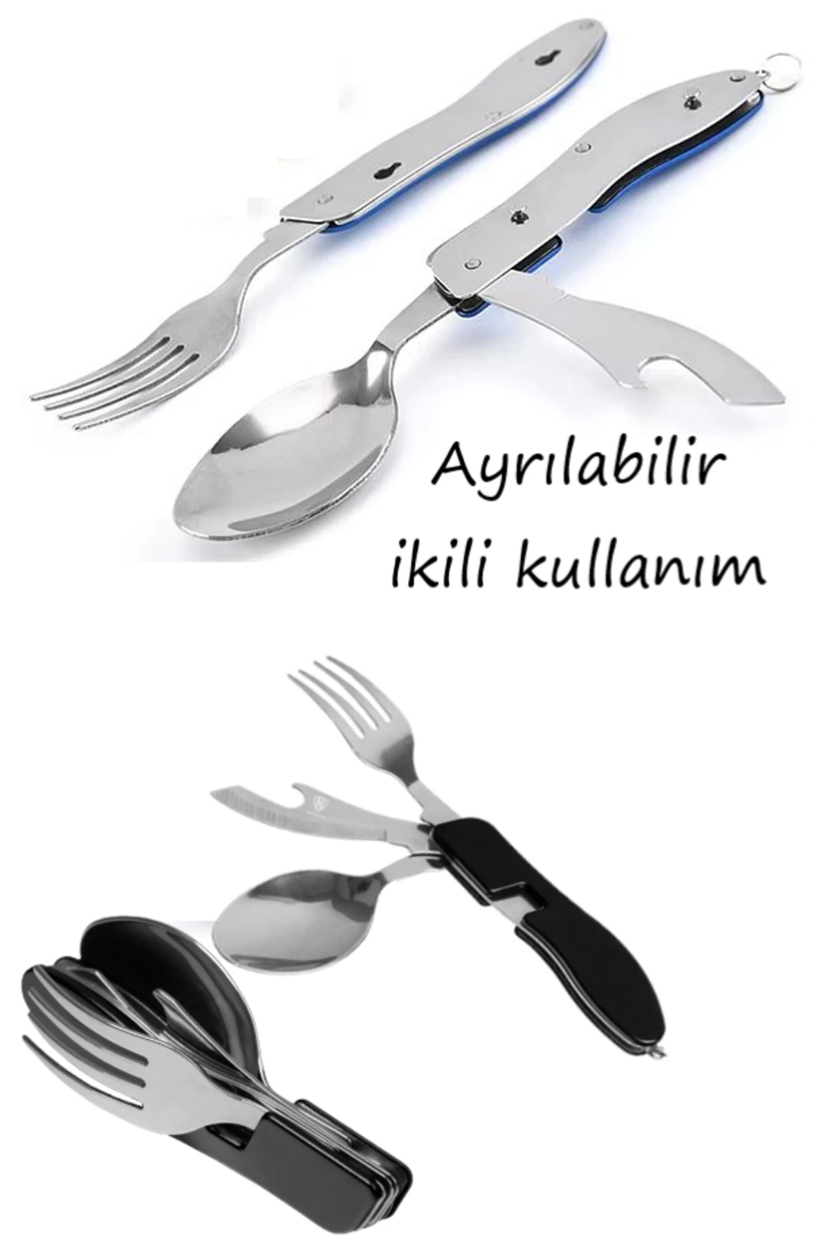 4'ü 1 Arada Katlanır Kamp Kaşık Çatal Bıçak Seti Kapak Açacağı, Çelik Seyahat Katlanır Set