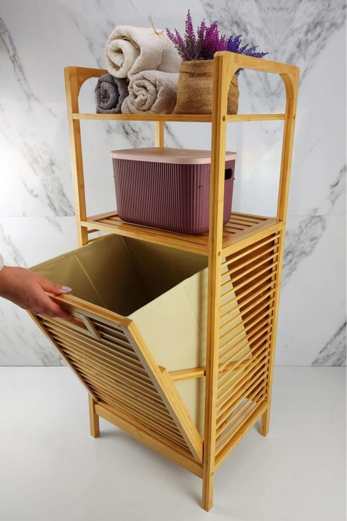 Bambu Çamaşır Sepeti Ve Banyo Raflı Düzenleyici Banyo Dolabı Büyük Boy Kumaş Sepet