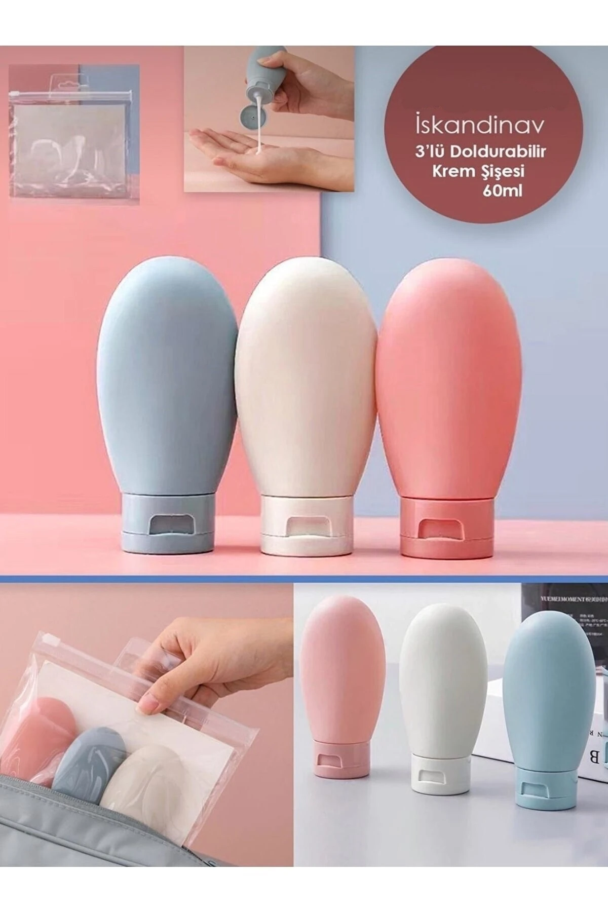3'lü Doldurulabilir Krem Torbası, Çantalı Seyahat Tipi Krem Torba Şişe Seti | Boş Krem Şişesi