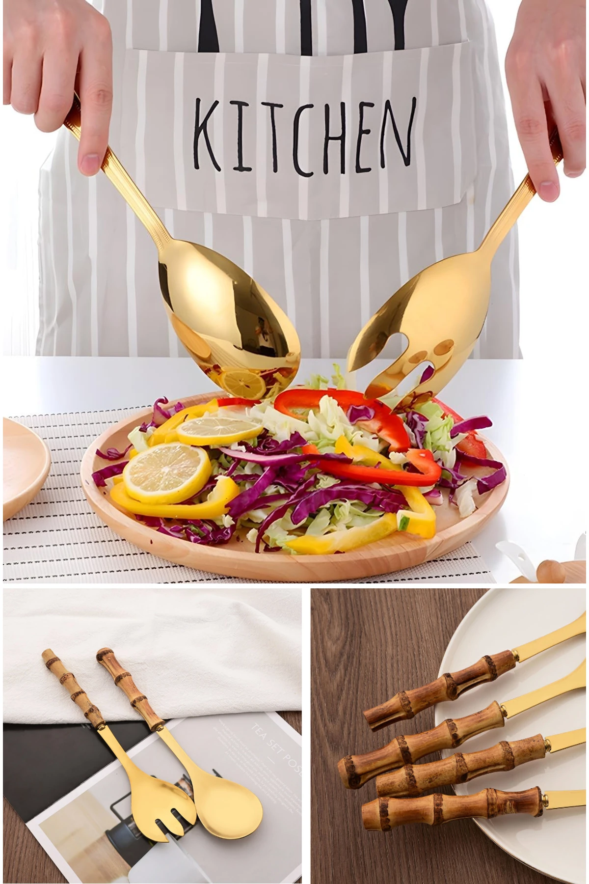 2'li Bambu Saplı Gold Salata Servis Kaşığı Seti, Dekoratif Gold Salata Kaşığı Seti