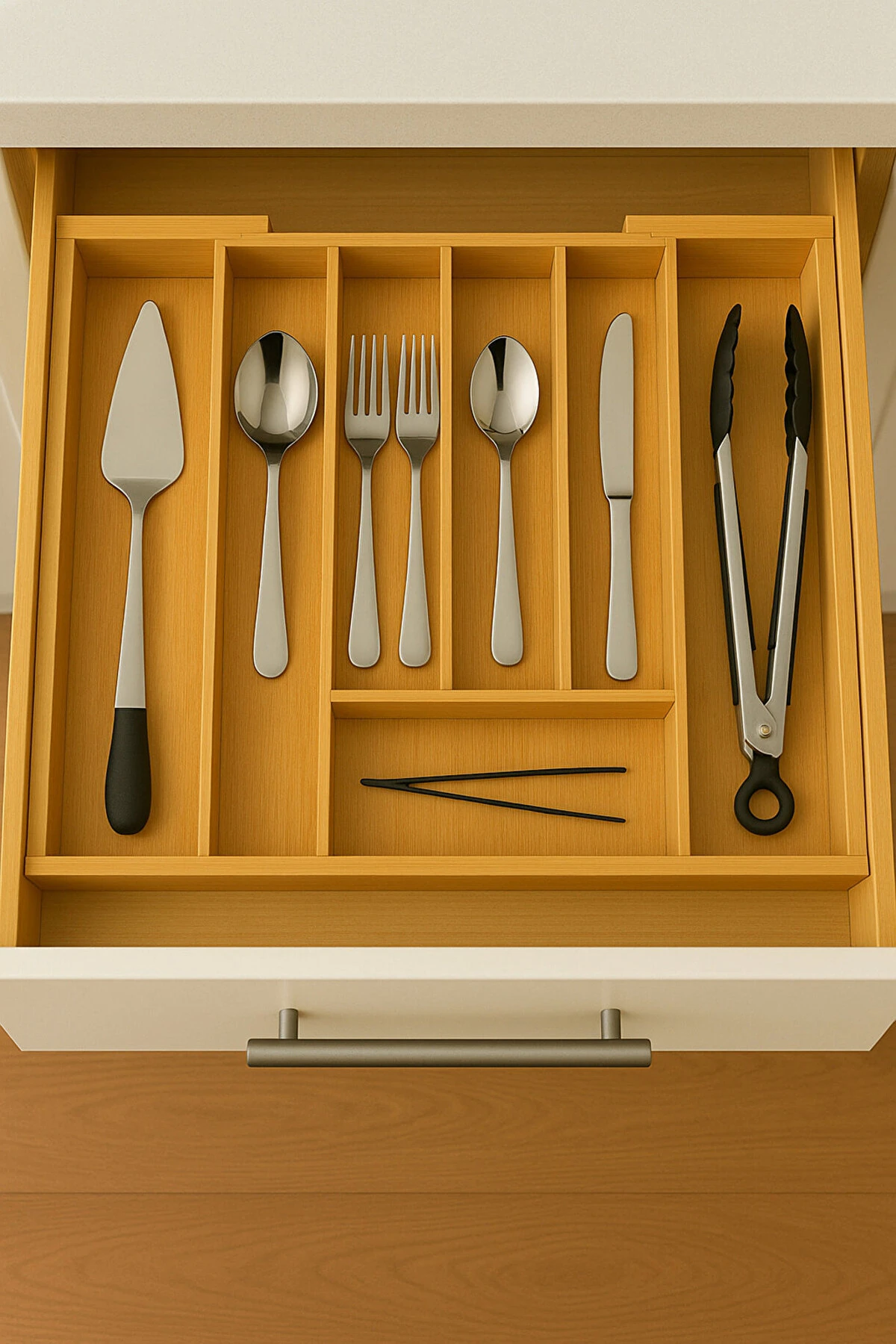 5+2 Bölmeli Bambu Kaşıklık Çekmece İçi Kaşıklık Yandan Açılır +2 Bölmeli