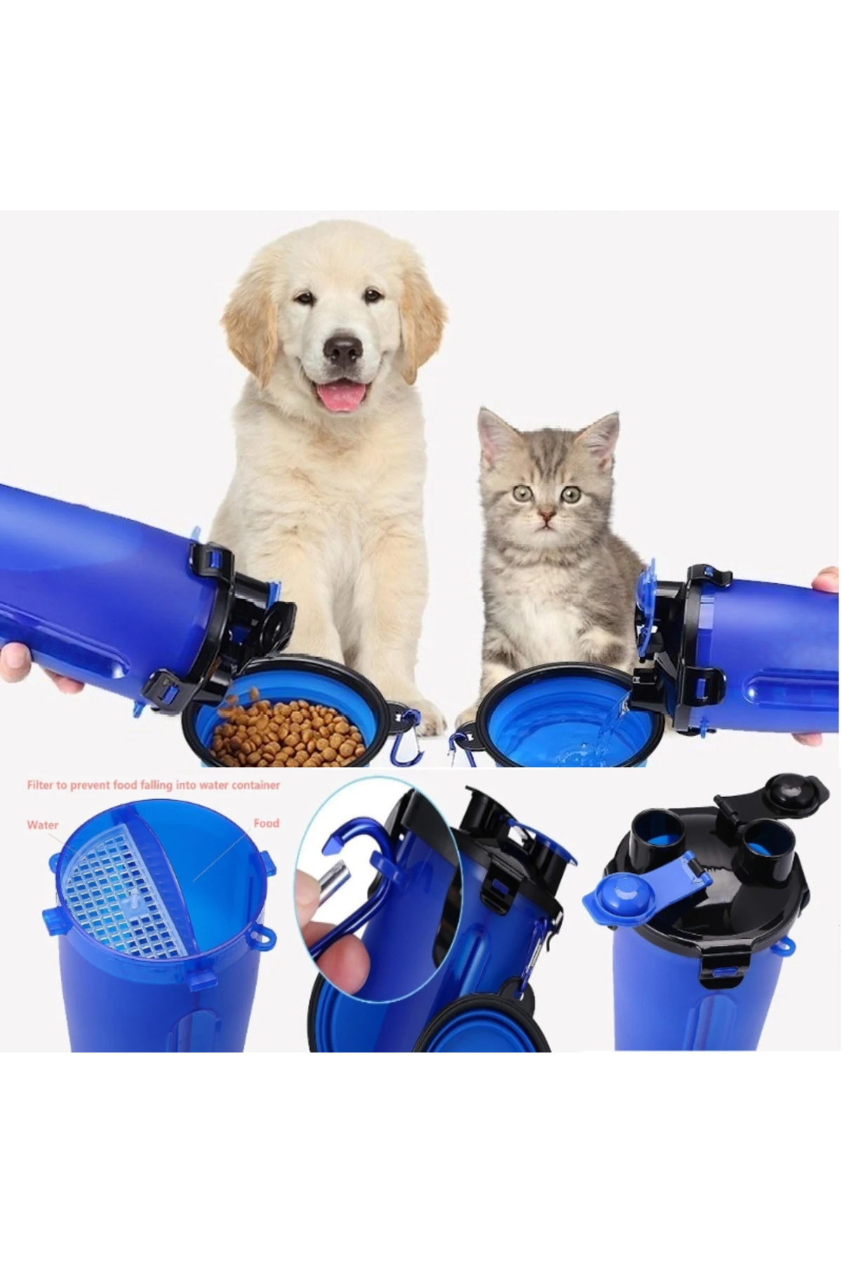 2'Li Kedi Köpek Su Ve Mama Matarası + Katlanır Kap Mama Saklama Kutusu Taşınabilir Mama Ve Su Matara