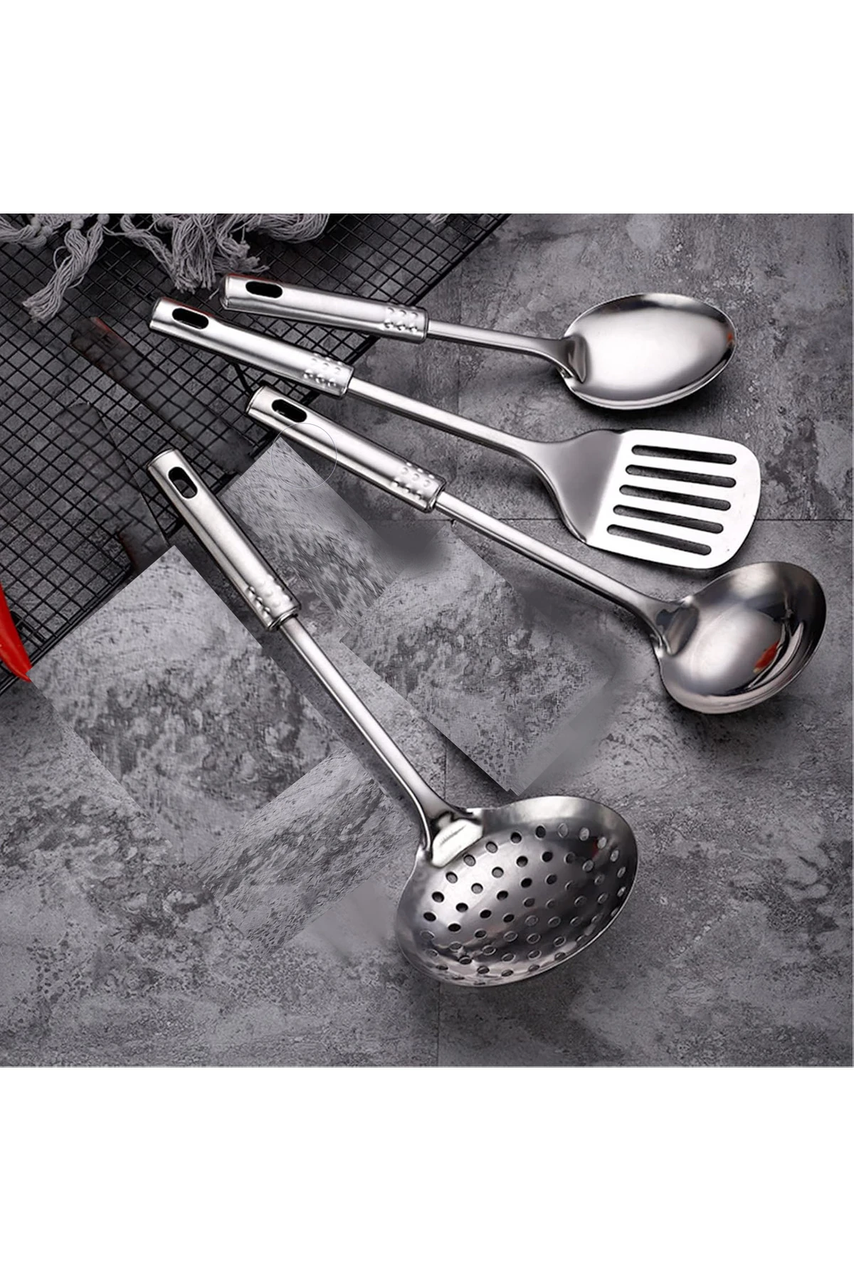 4 Parça Çelik Mutfak Servis Seti Kepçe Kevgir Spatula Kaşık Takımı Çeyiz Seti