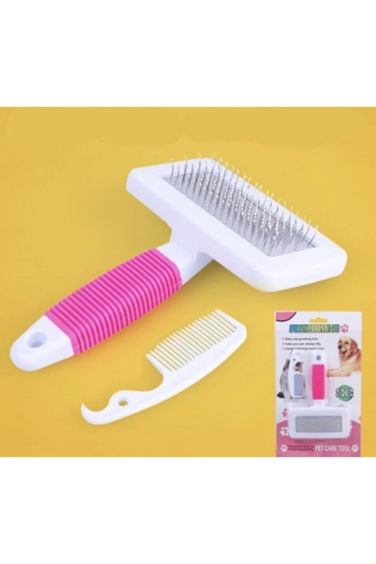 2'li Kedi Köpek Tüy Tarama Telli Fırça Ve Tarak Seti