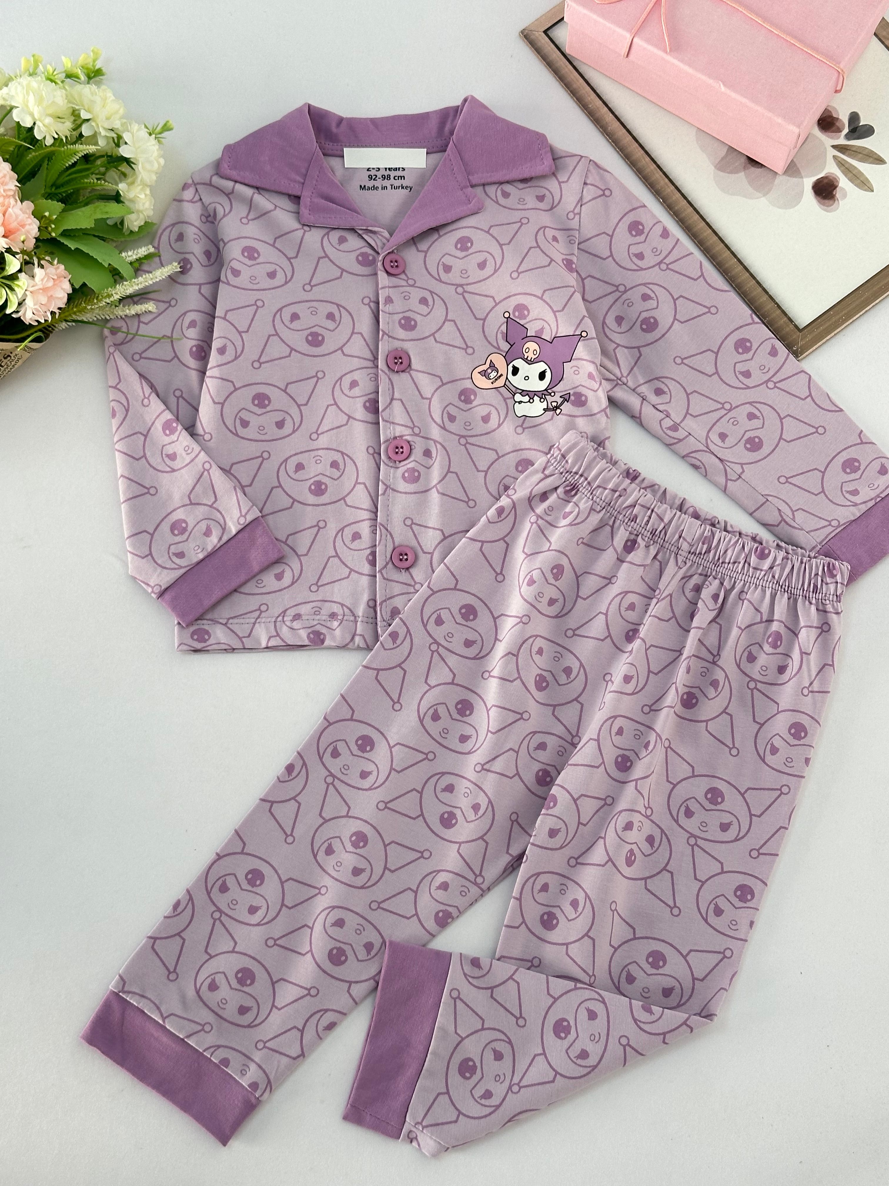 Kız Çocuk Lila Kuromi Desenli Pijama Takımı