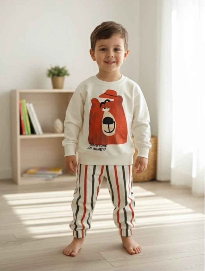 Erkek Çocuk Beyaz  Ayıcık Çizgili Takım