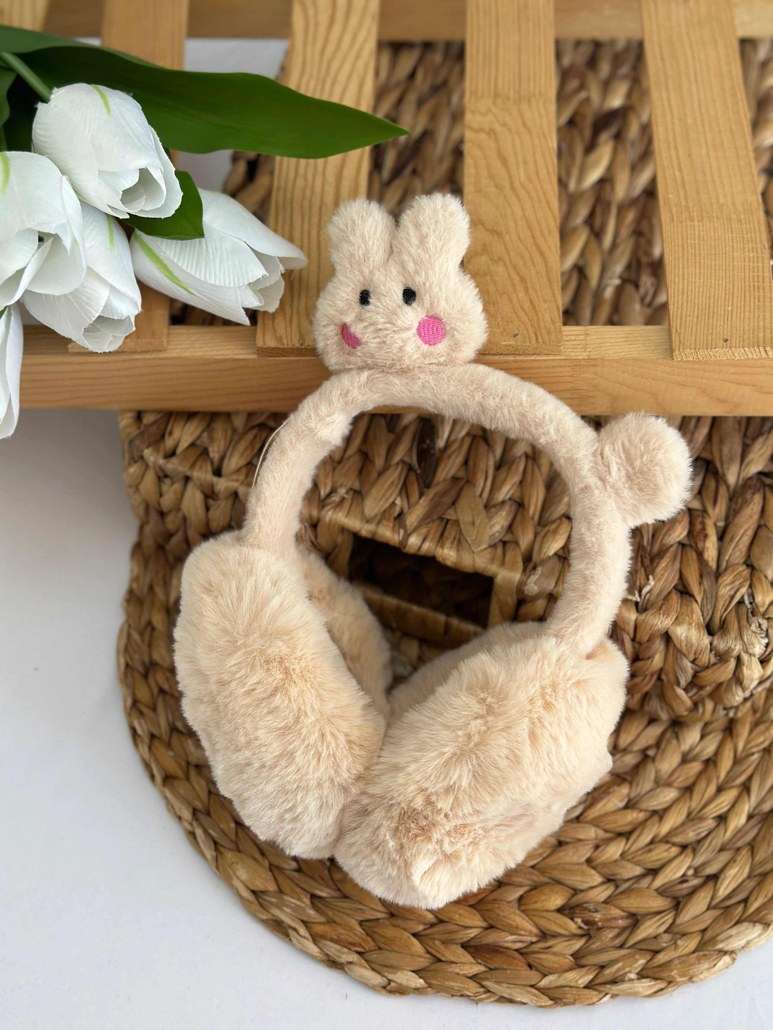 Kız Çocuk Bej Tavşanlı Peluş Kulaklık