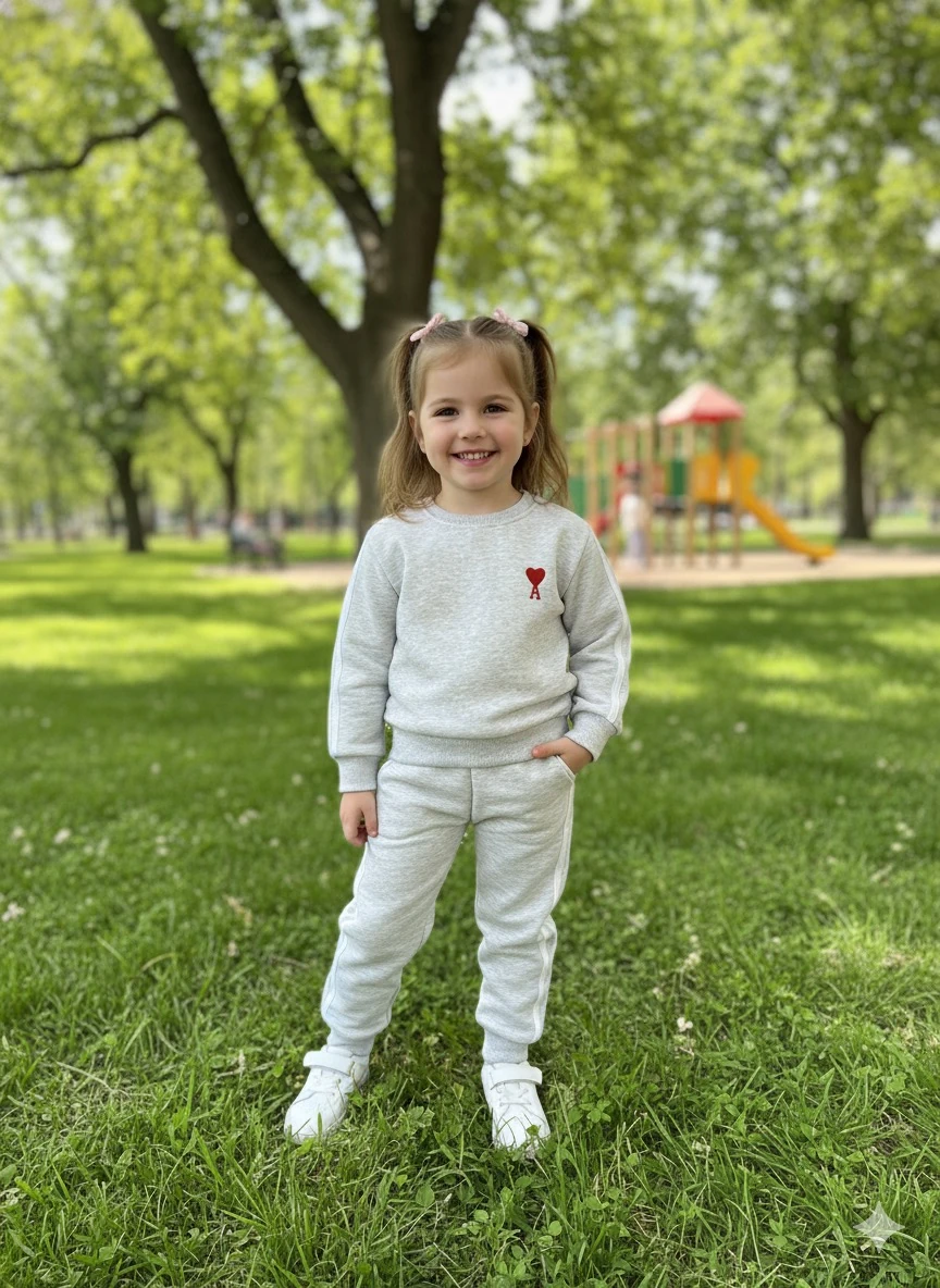 Kız Çocuk Gri Kalp Nakışlı Alt-Üst Takım