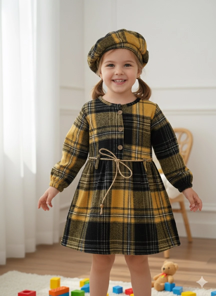 Kız Çoçuk Hardal Ekose Desenli Şapkalı Elbise