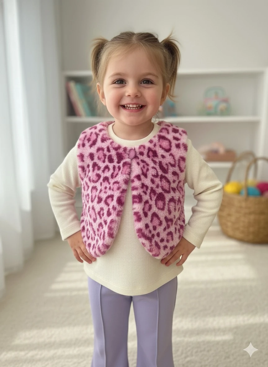 Kız Çocuk Leopar Yelekli Mor 3'lü Takım