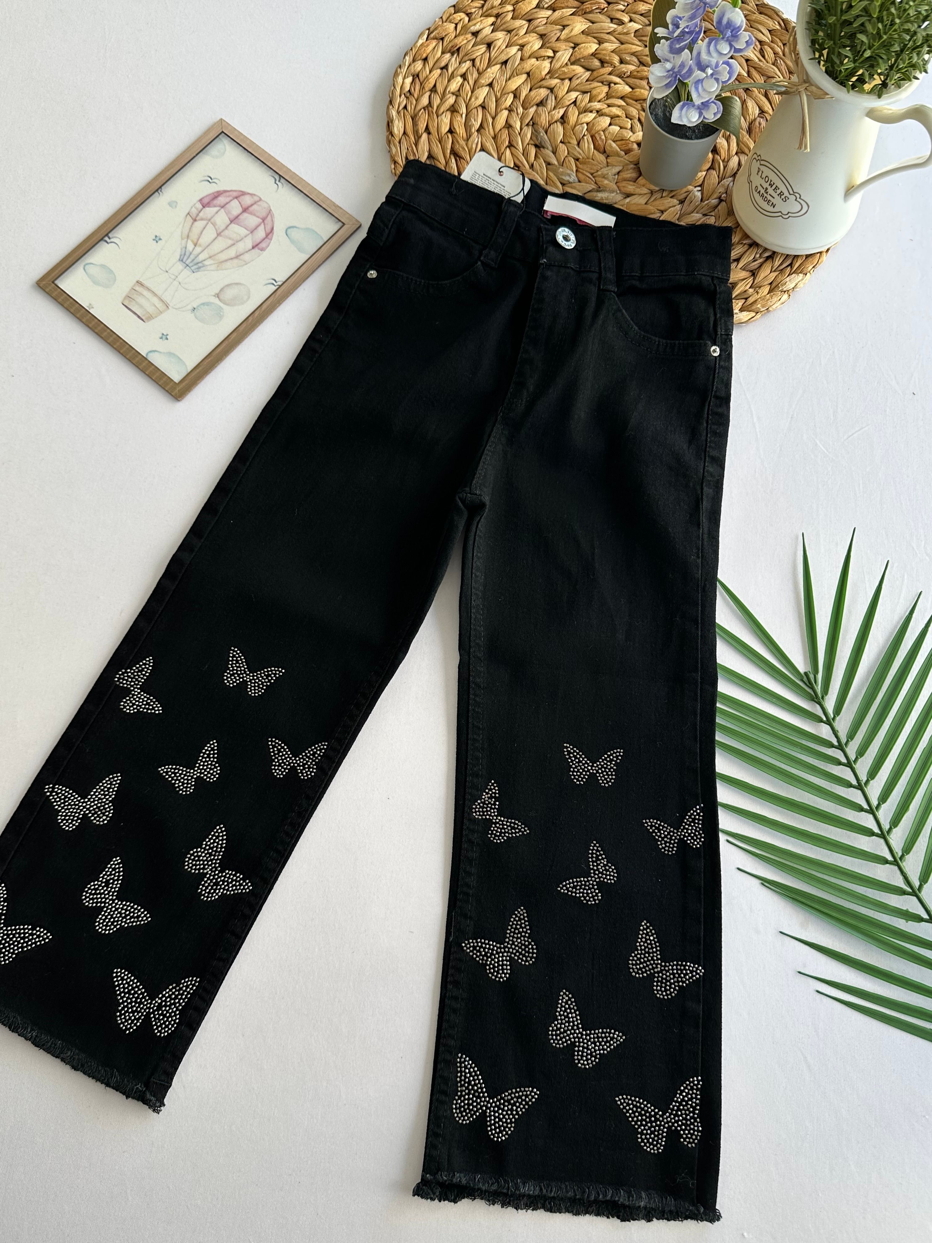 Kız Çocuk Siyah Kelebek Desenli Taşlı Kot Pantolon 