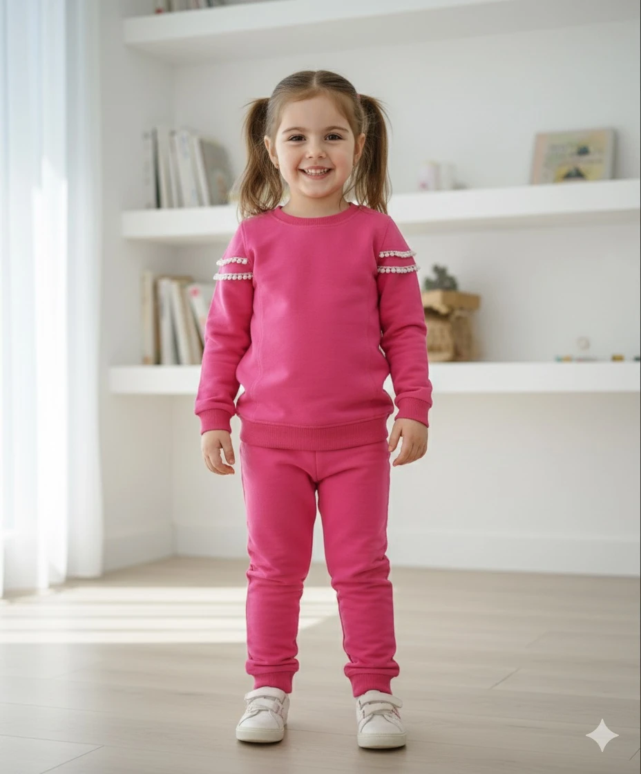 Kız Çocuk Fuşya Kolu Fırfırlı Alt-Üst Takım 