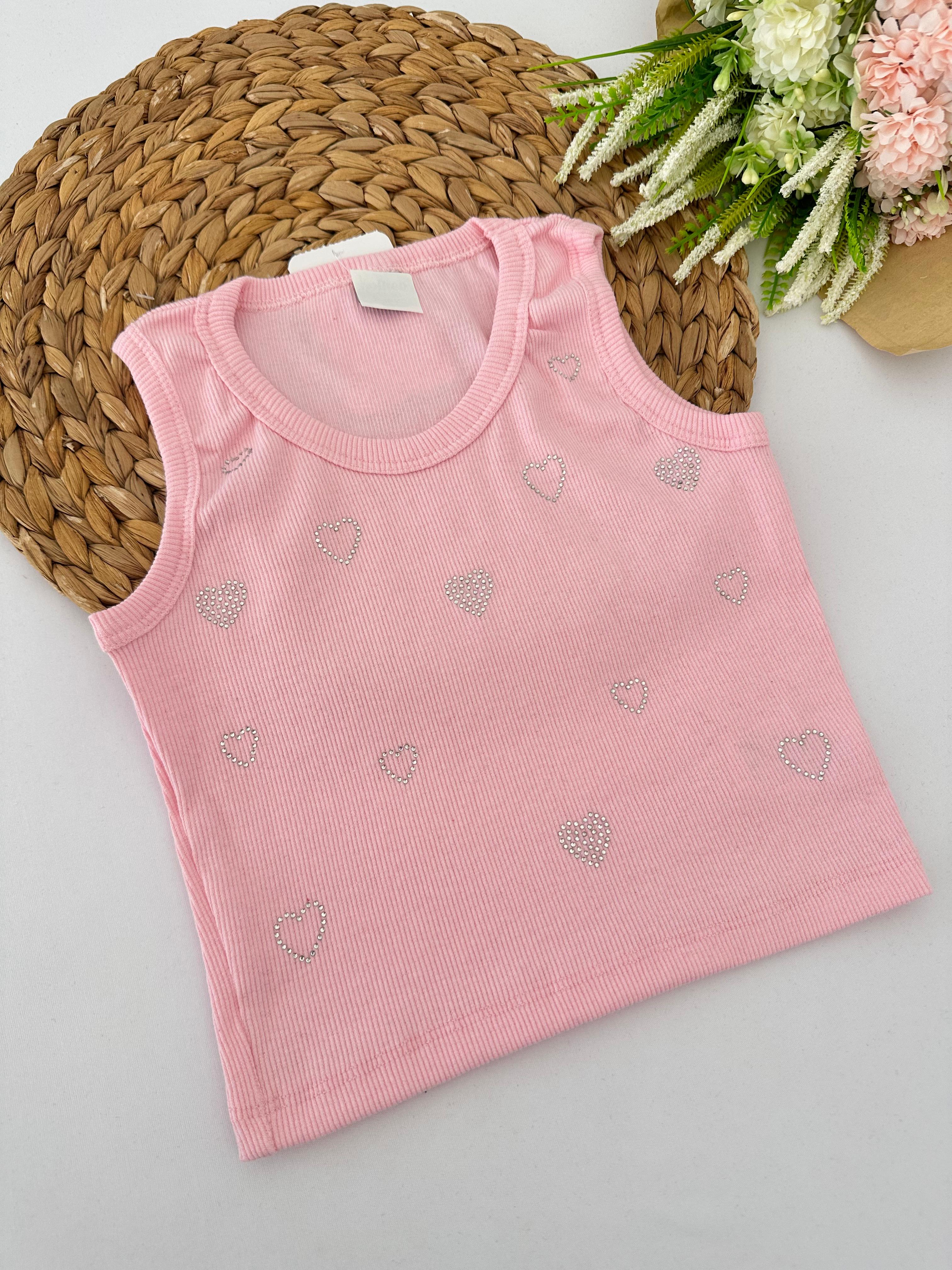 Kız Çocuk Pembe Kalp Desenli Taşlı Crop
