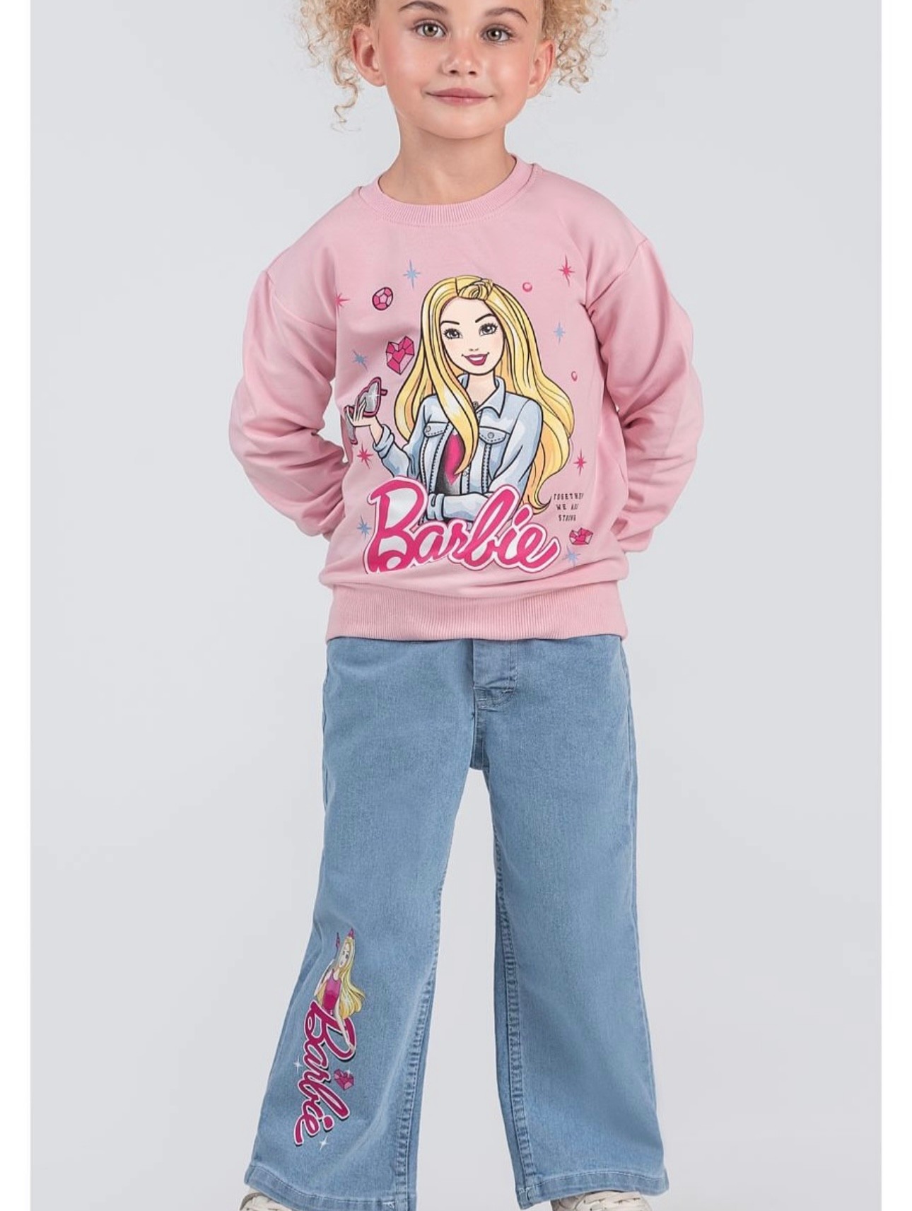 Kız Çocuk Pembe Barbie Kot Pantolon Sweat 2’li Takım 