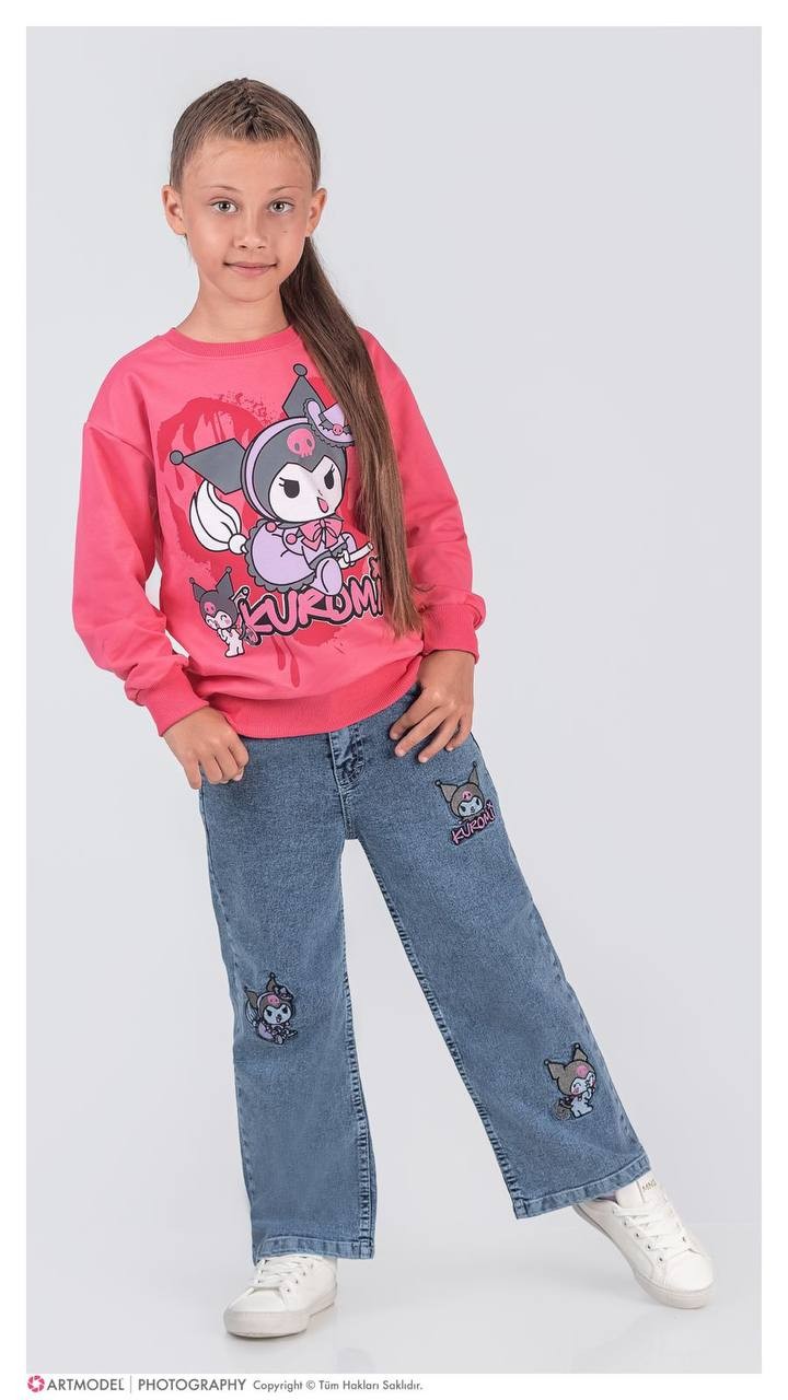 Kız Çocuk Fuşya Kuromi Kot Pantolon Sweat 2'li Takım