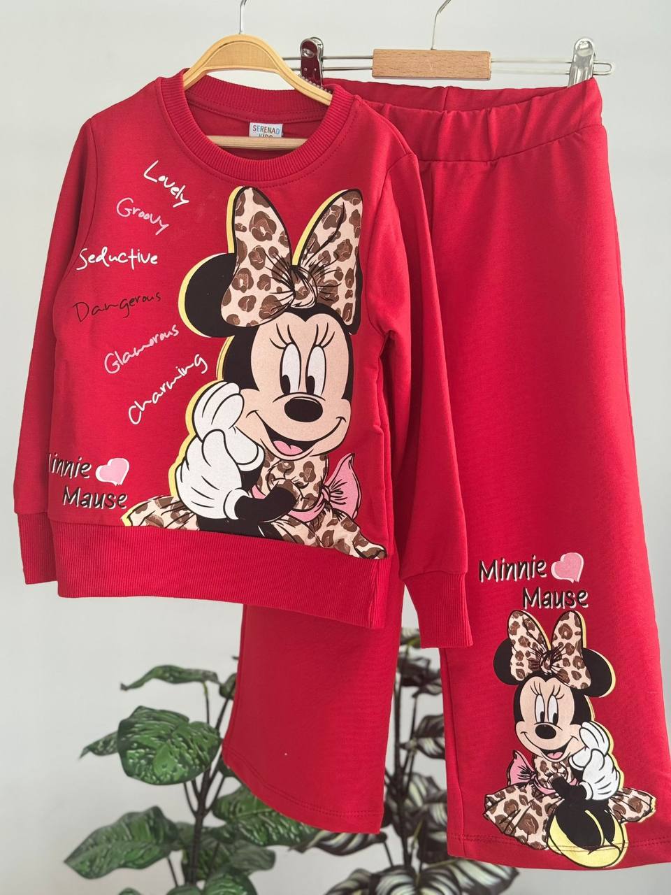Kız Çocuk Kırmızı Minnie Leoparlı Bol Paça 2'li Takım