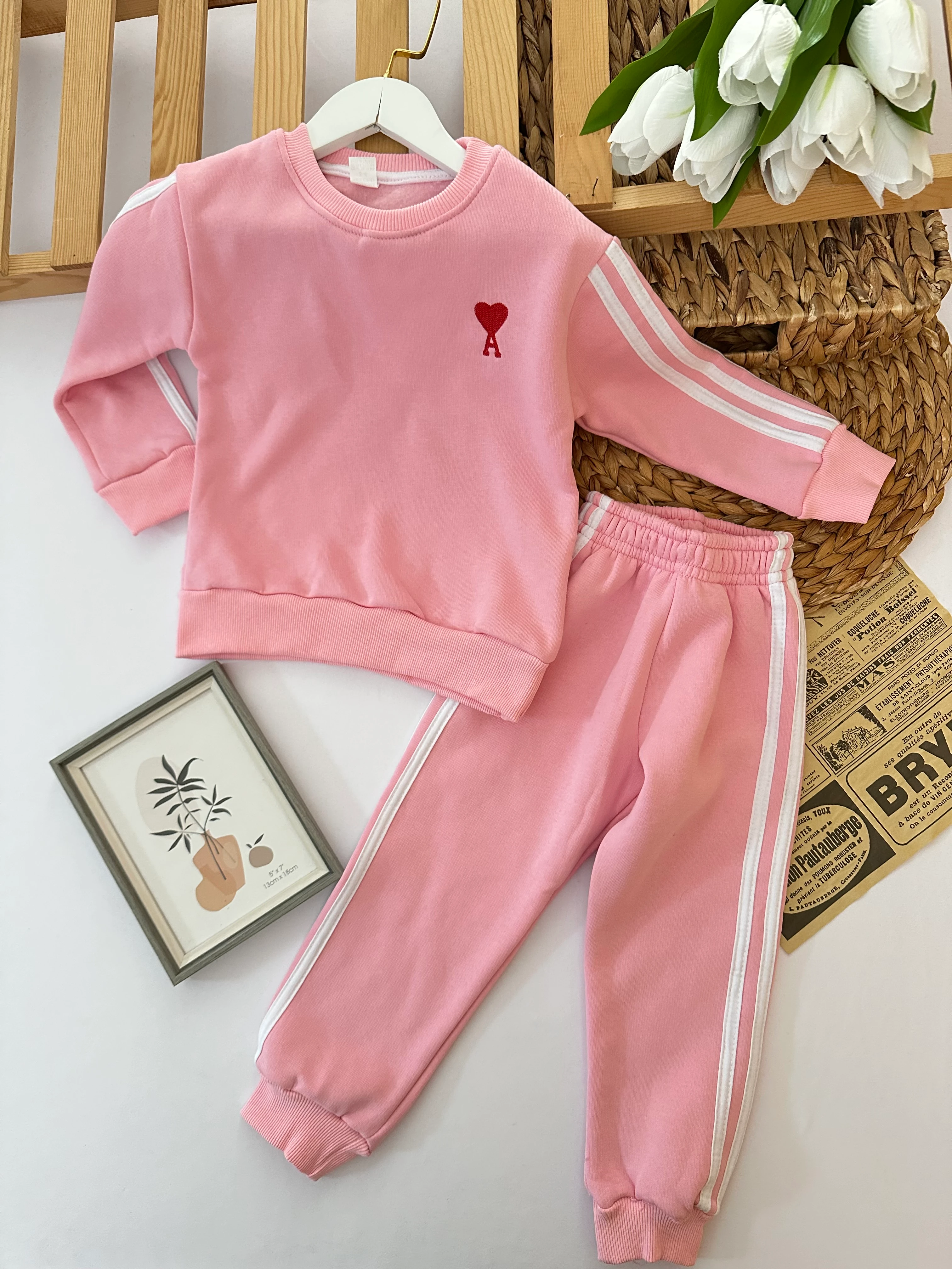 Kız Çocuk Pembe Kalp Nakışlı Alt-Üst Takım