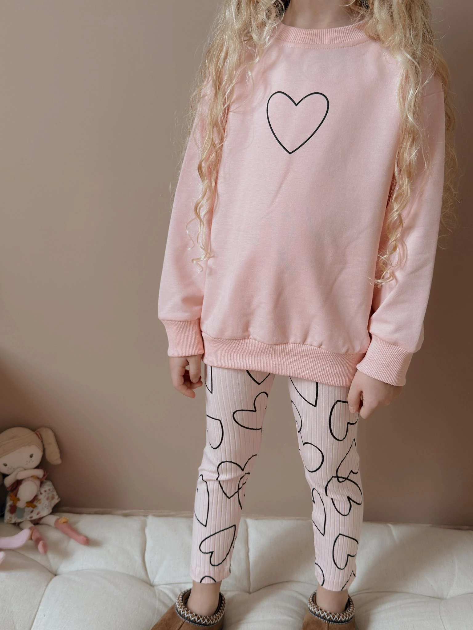 Kız Çocuk Pembe Kalp Desenli Taytlı Takım