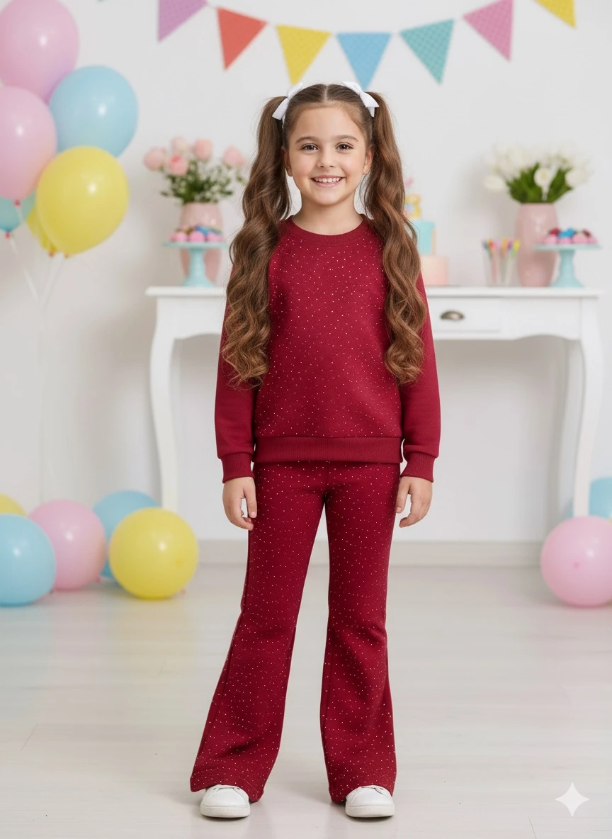 Kız Çocuk Bordo Taşlı Alt-Üst Takım