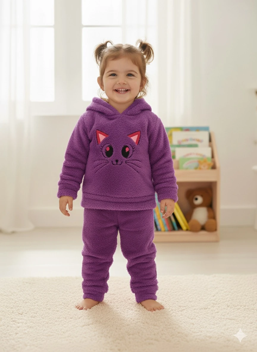 Kız Çocuk Mor Kedili Peluş Takım