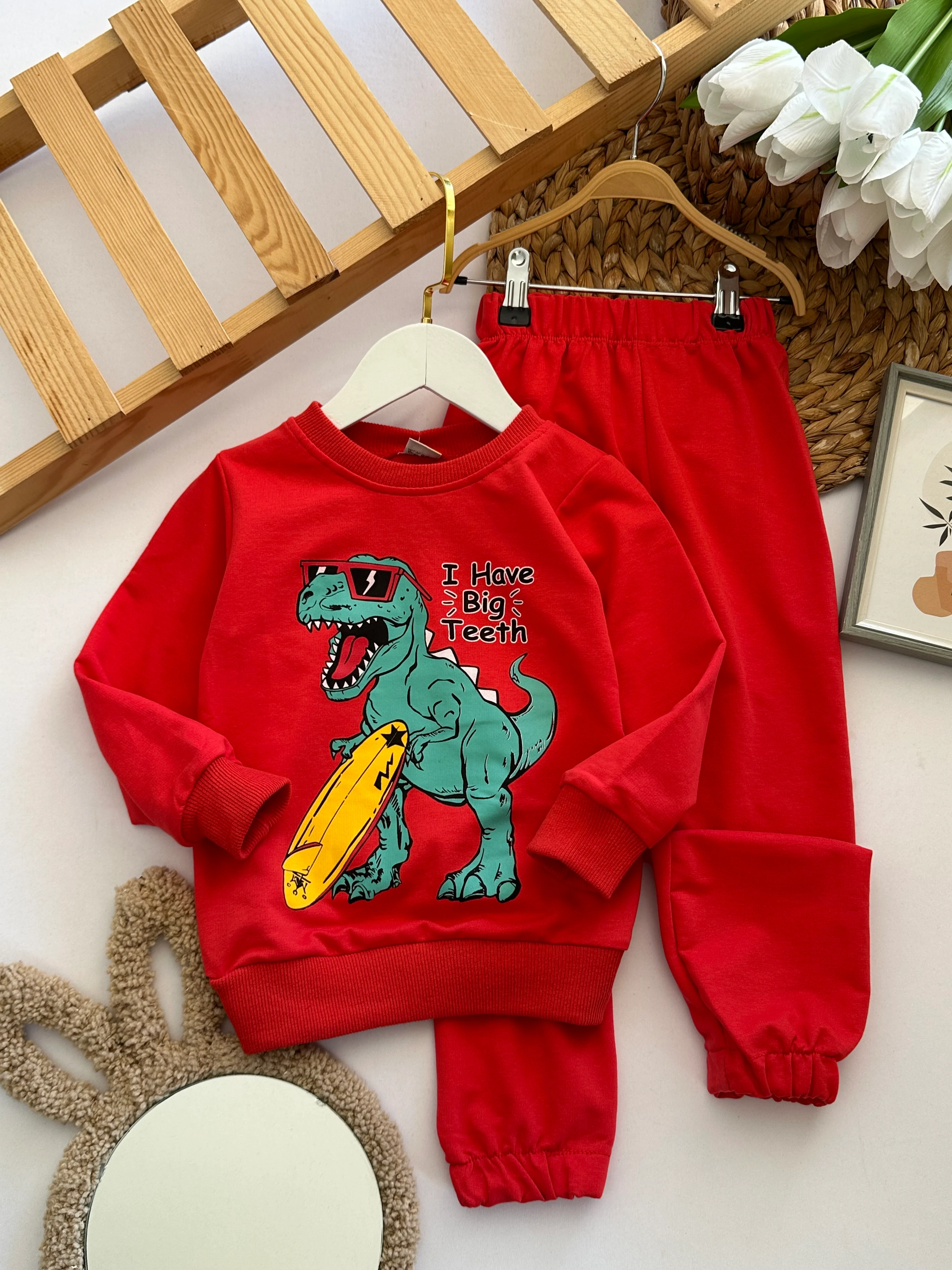 Erkek Çocuk Kırmızı Dinozor Baskılı Takım 