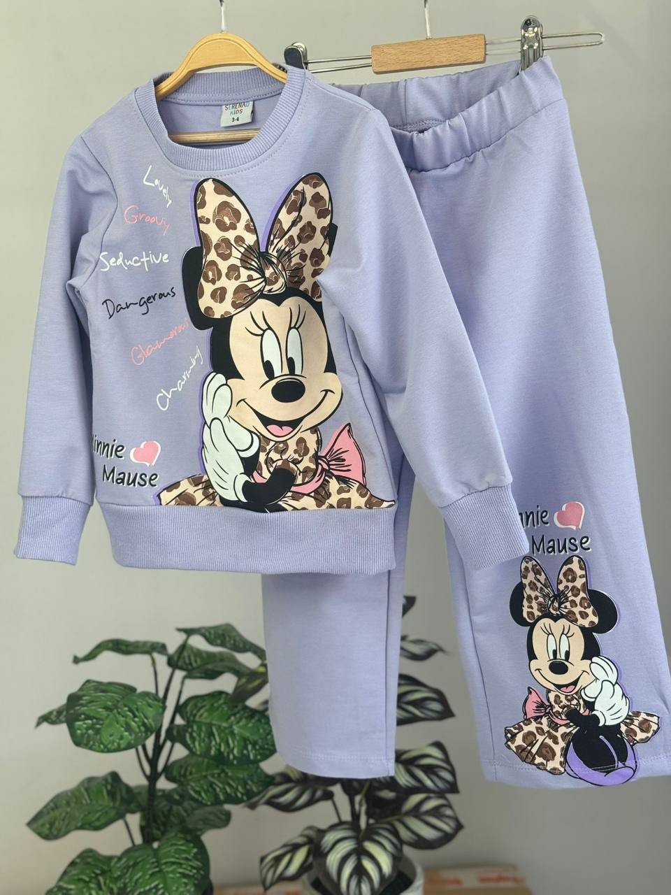 Kız Çocuk Lila Minnie Leoparlı Bol Paça 2'li Takım