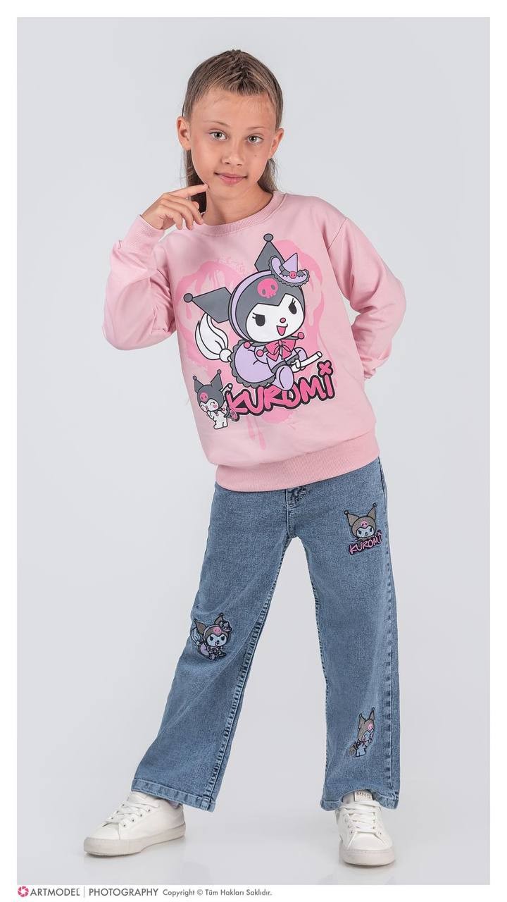 Kız Çocuk Pembe Kuromi Kot Pantolon Sweat 2'li Takım