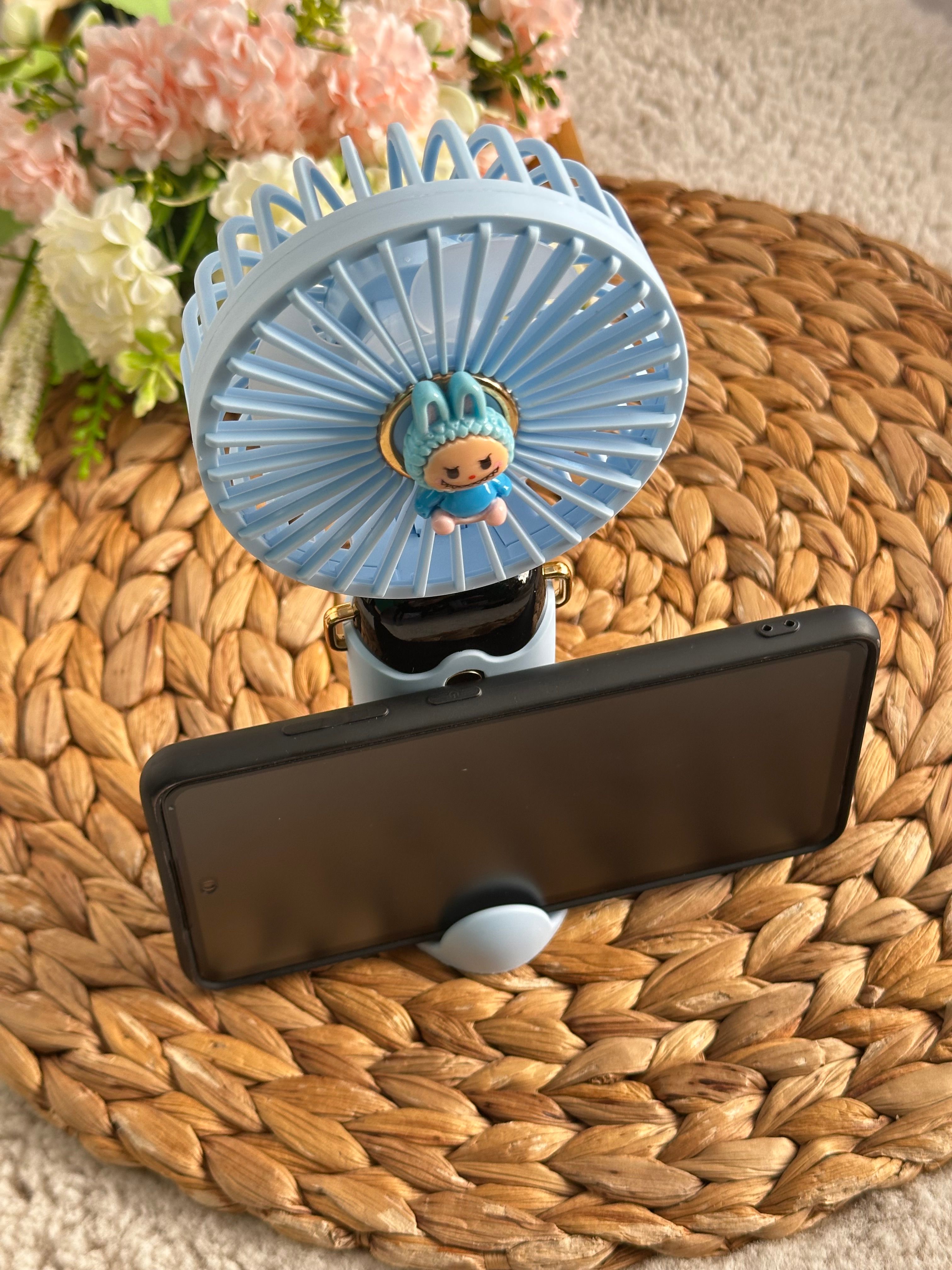 Mavi Labubu Şarjlı Telefon Tutuculu Mini Fan