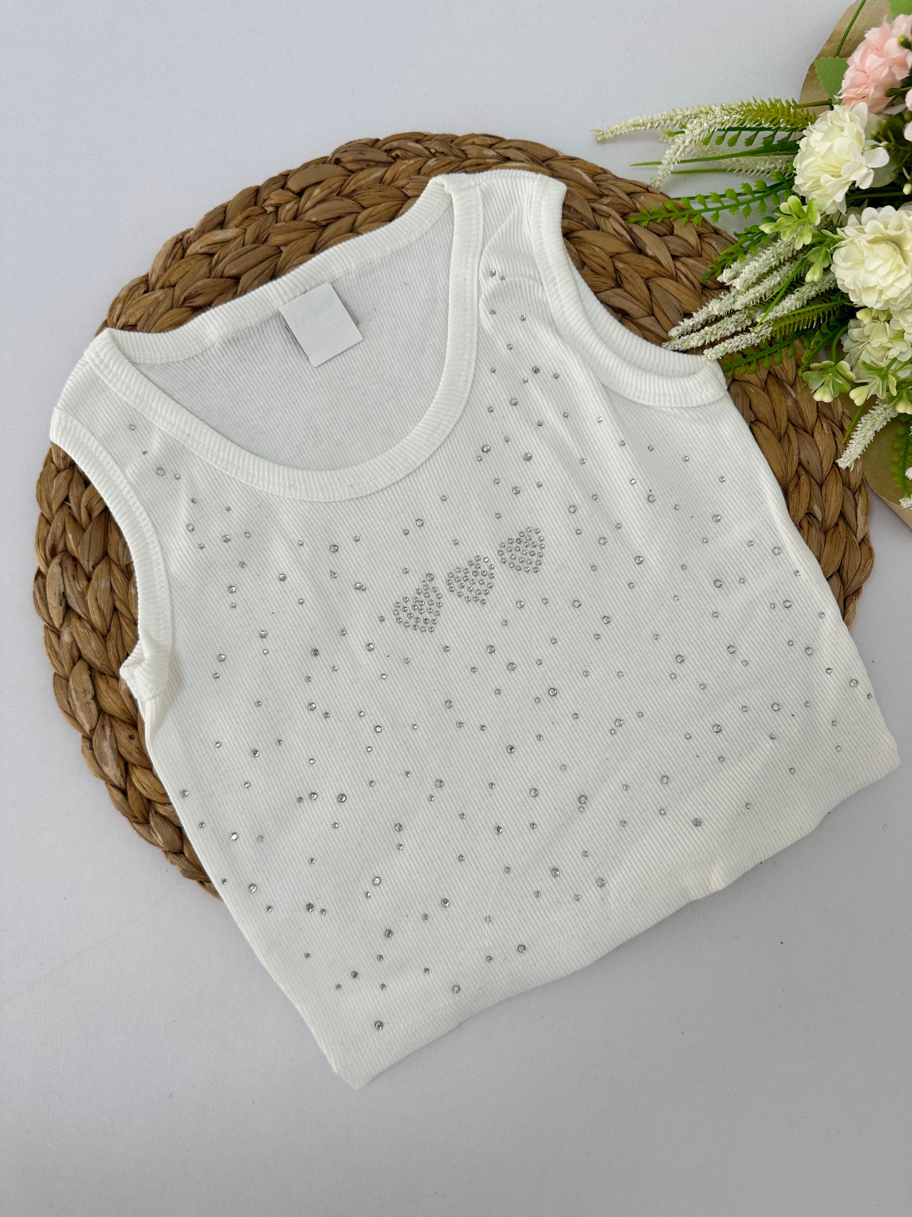 Kız Çocuk Ekru Taşlı Kalp Desenli Crop
