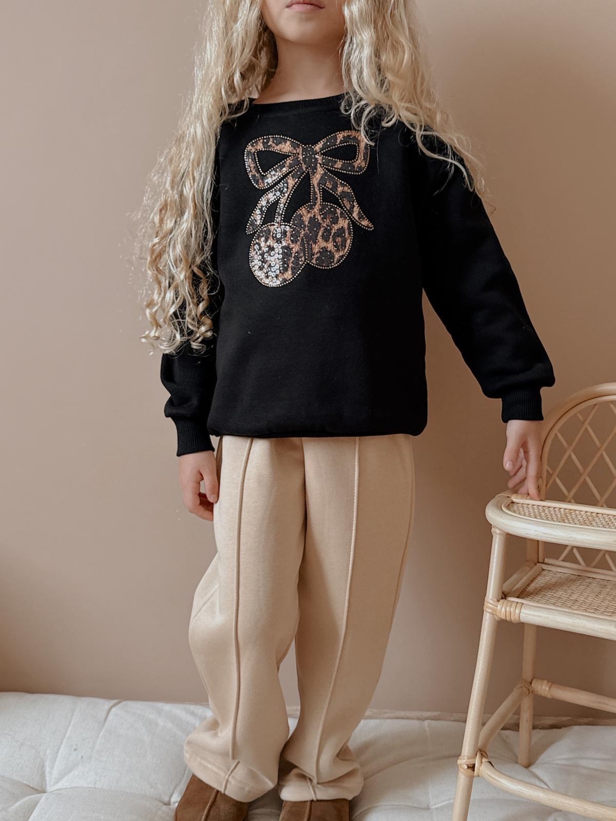 Kız Çocuk Siyah Kurdele Kiraz Desenli 2'li Takım