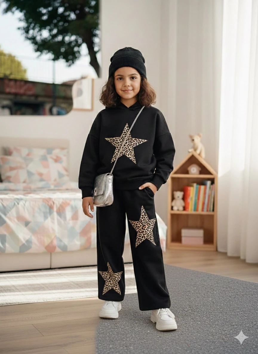 Kız Çocuk Siyah Kapüşonlu Leopar Yıldızlı Takım