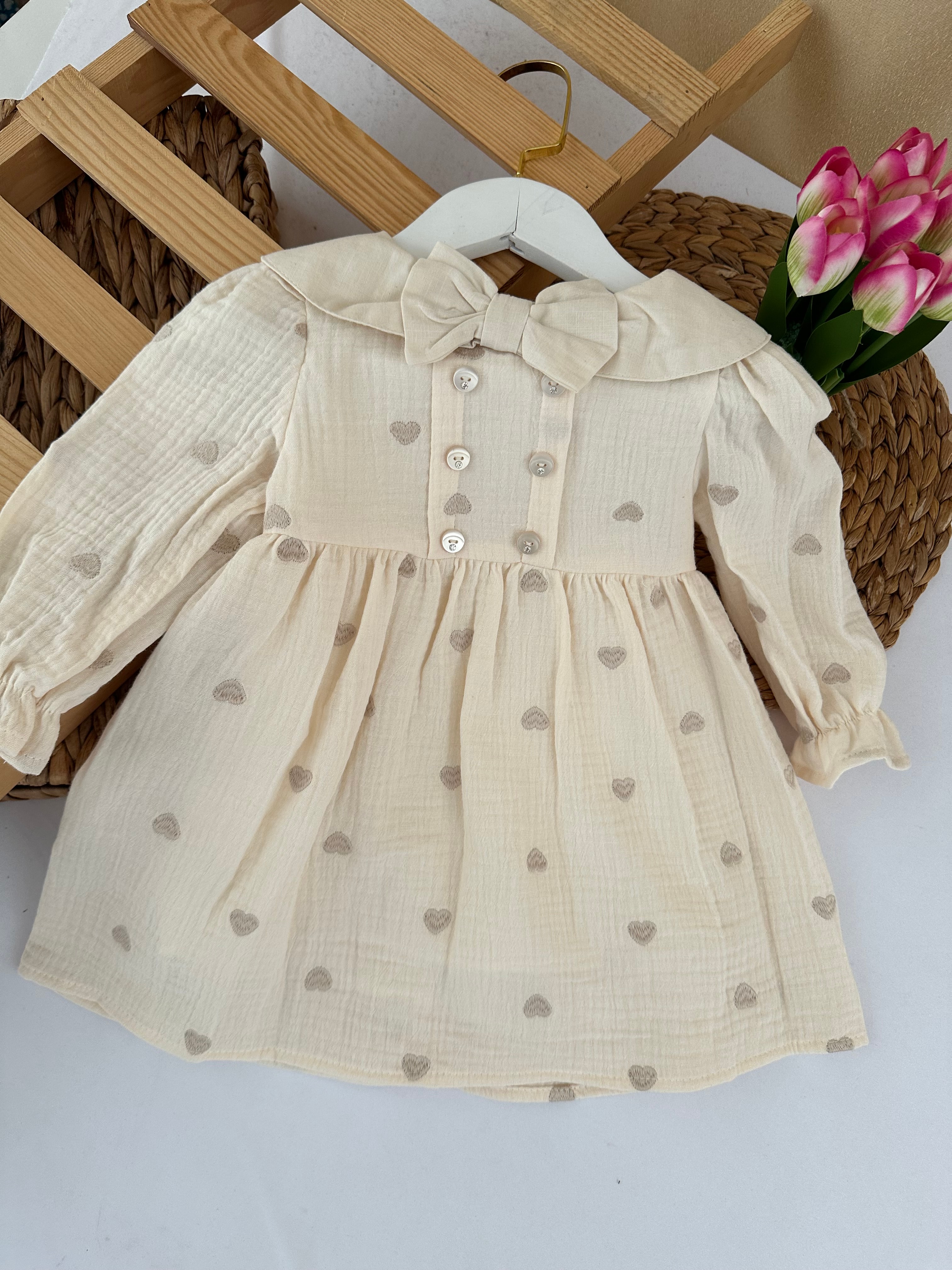 Kız Çocuk Vizon Kalpli Müslin Elbise