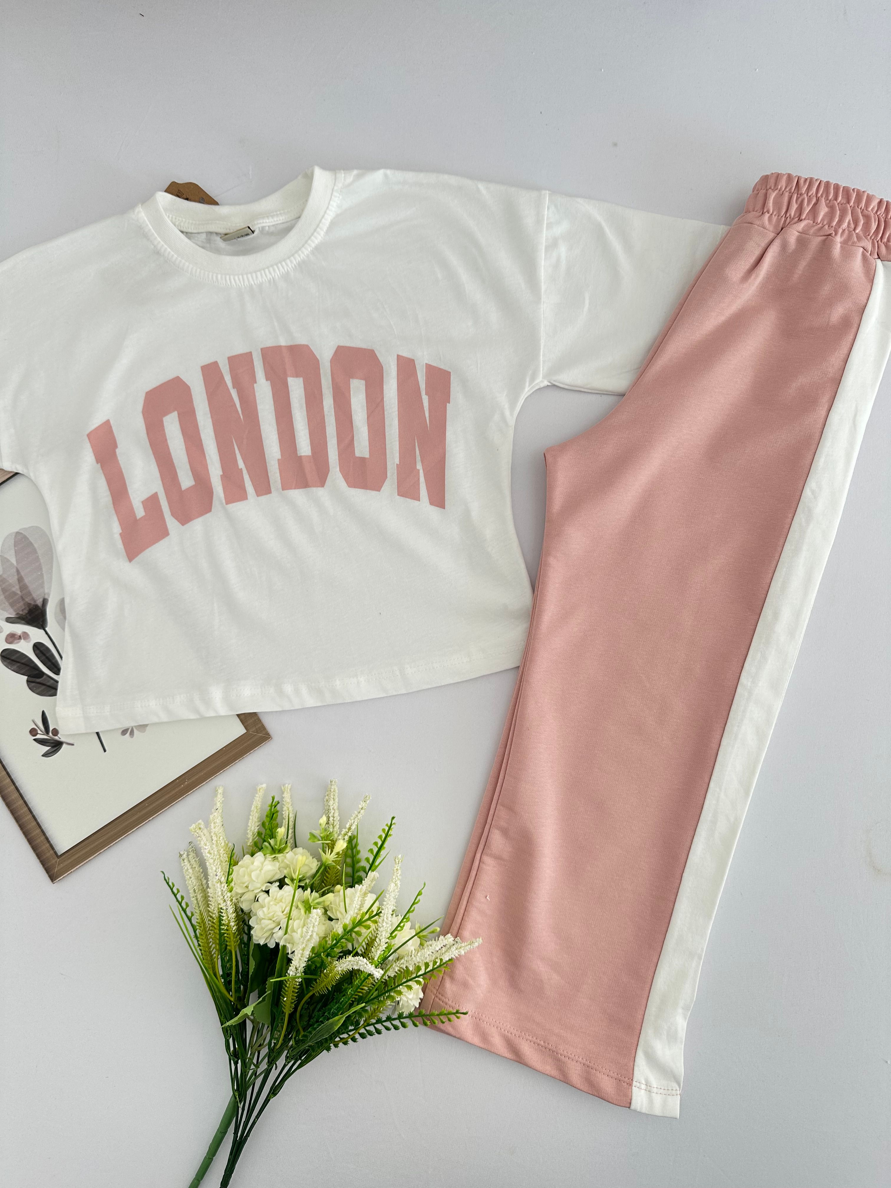 Kız Çocuk Pudra London Paçası Yırtmaçlı Takım 