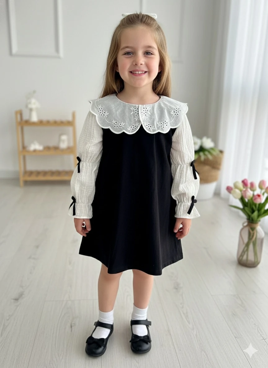 Kız Çocuk Siyah Bebe Yaka Kolları Fiyonk Süet Elbise