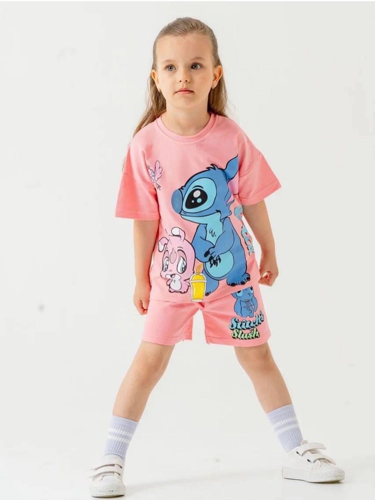 Kız Çocuk Pembe Stitch Baskılı Takım