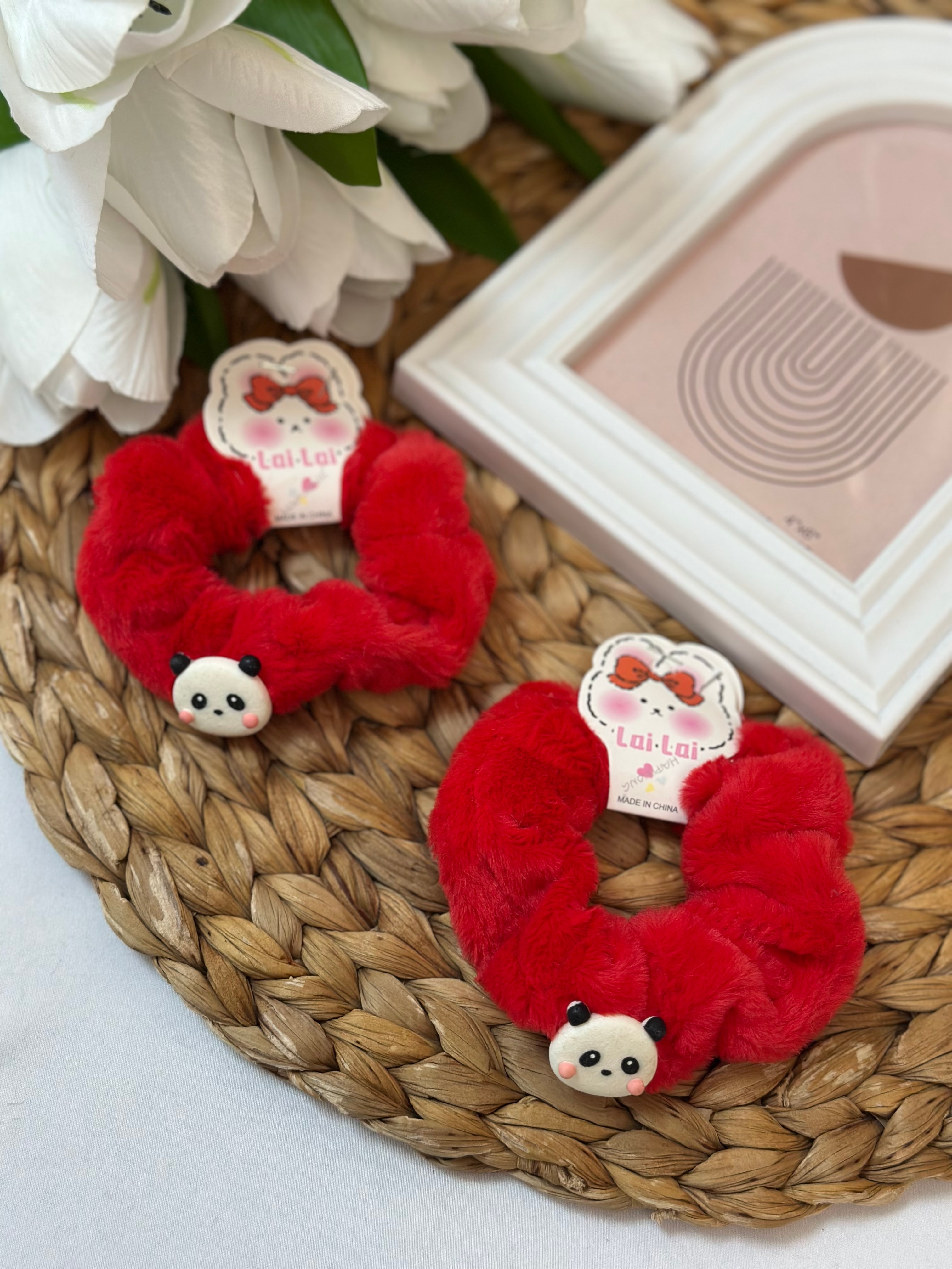 Kırmızı Pandalı Peluş 2'li Lastik Toka