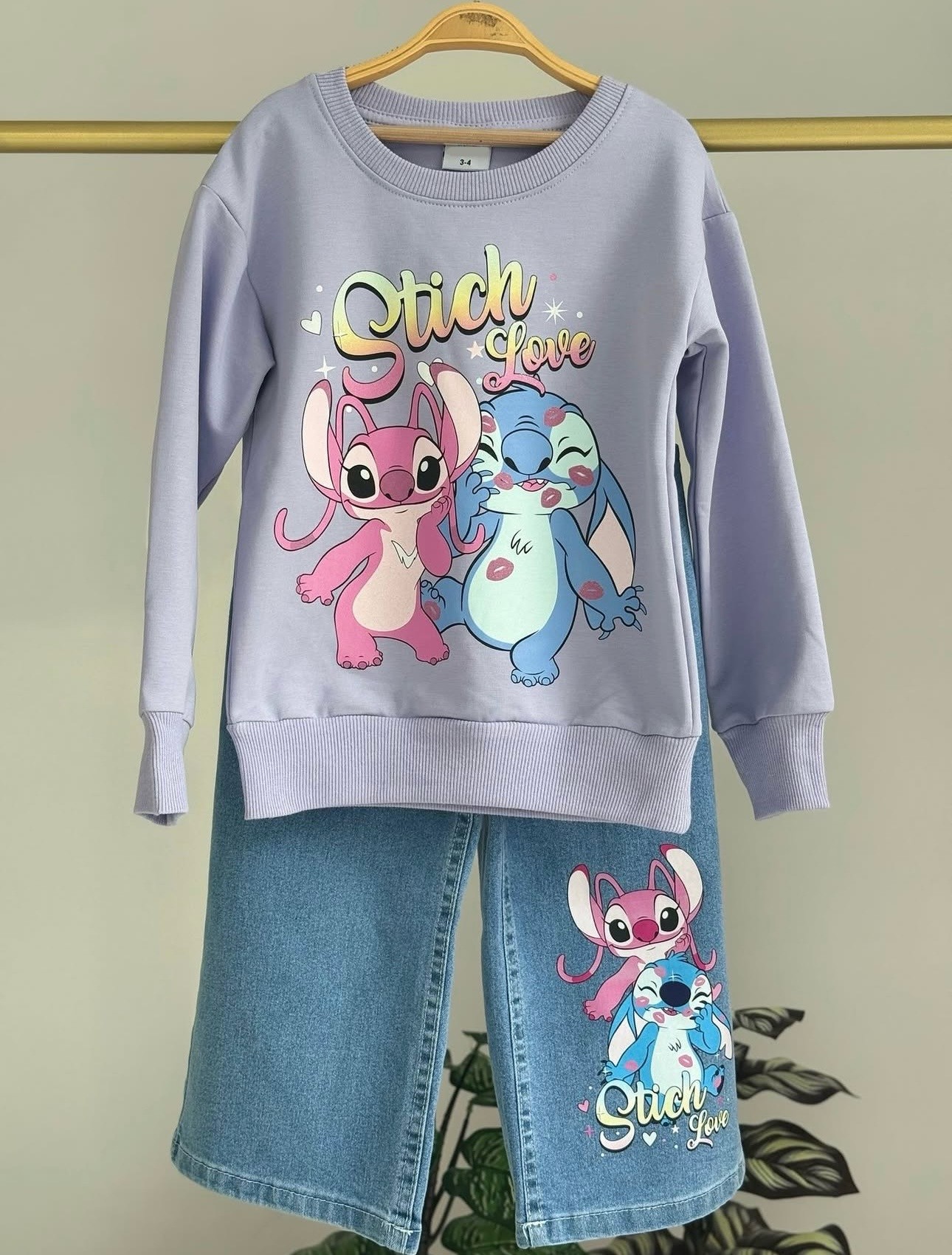 Kız Çocuk Lila Stitch Kot Pantolon Sweat 2’li Takım