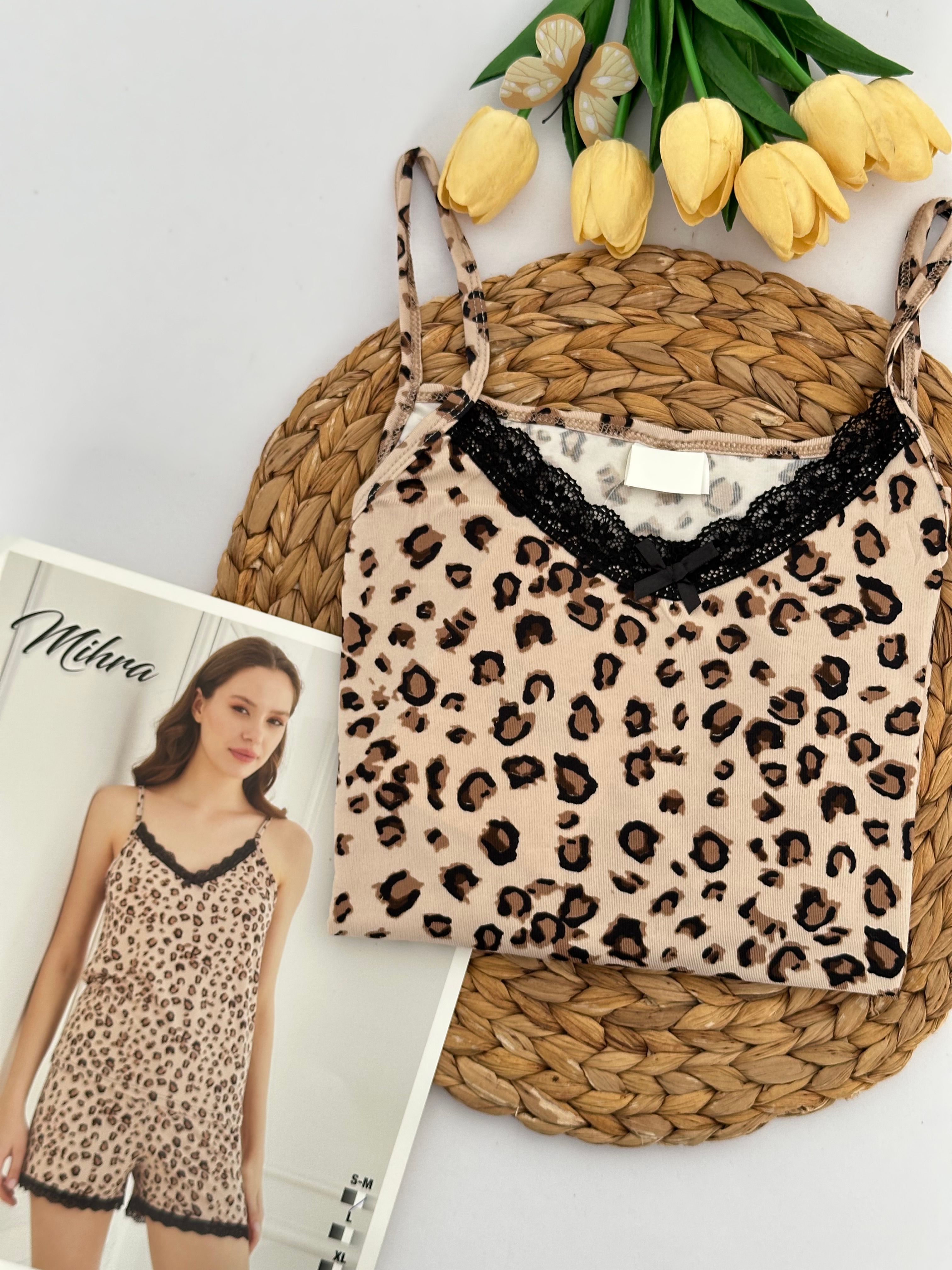 Bej Leopar Desenli Dantelli Kadın Pijama Takımı