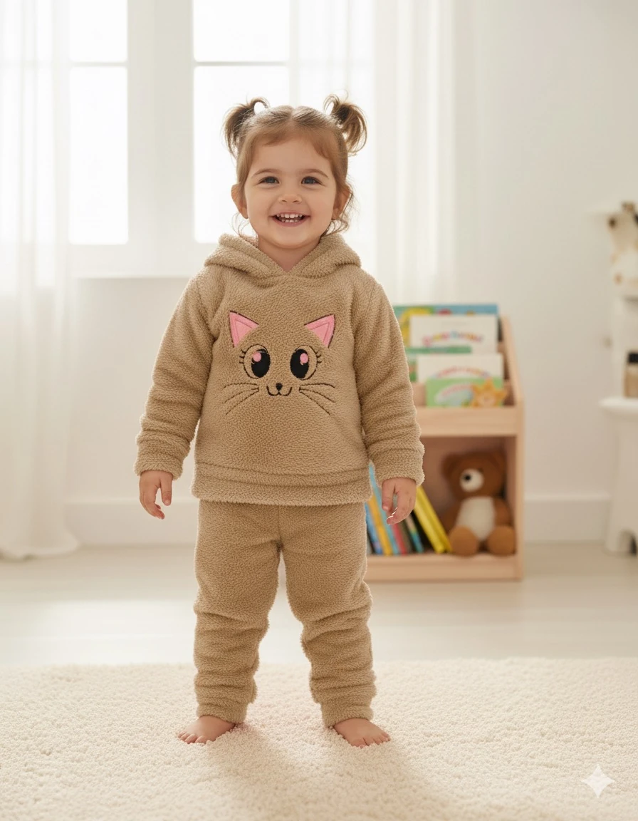Kız Çocuk Bej Kedili Peluş Takım