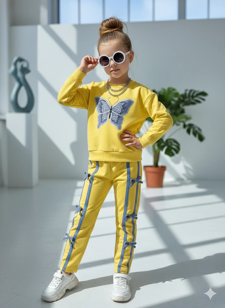 Kız Çocuk Sarı Kelebek Desenli Alt-Üst Takım