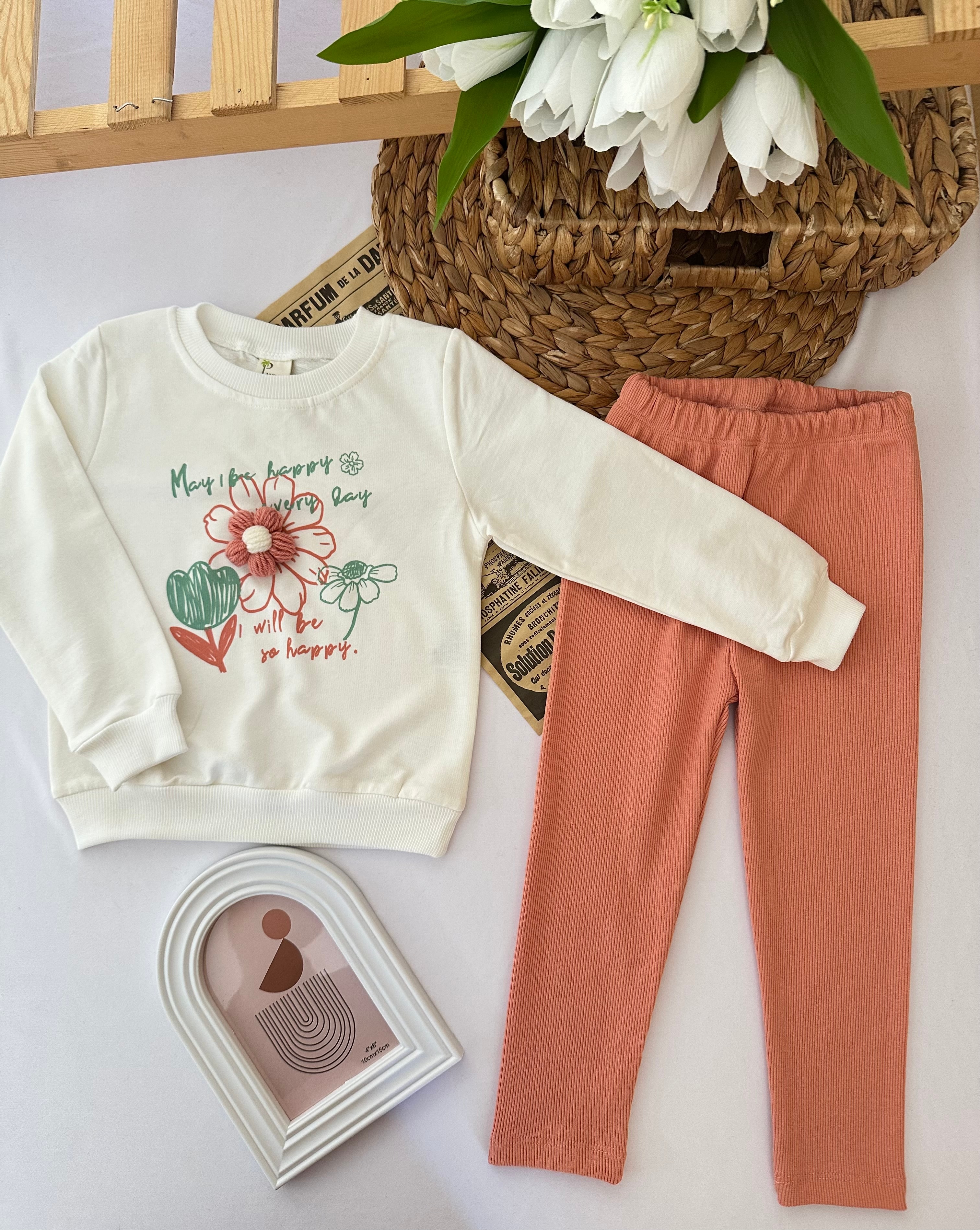 Kız Çocuk  Somon Çiçek Nakışlı 2'li Takım