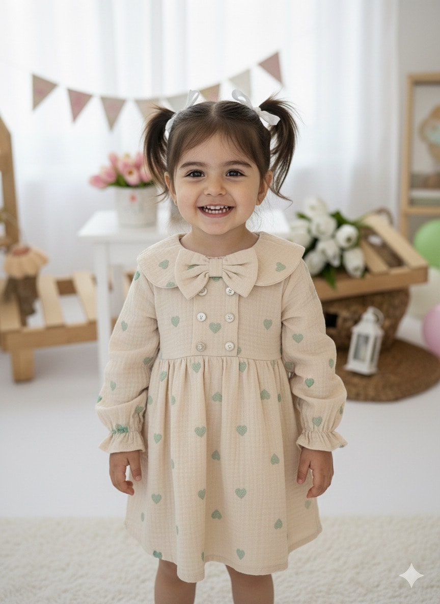 Kız Çocuk Yeşil Kalpli Müslin Elbise